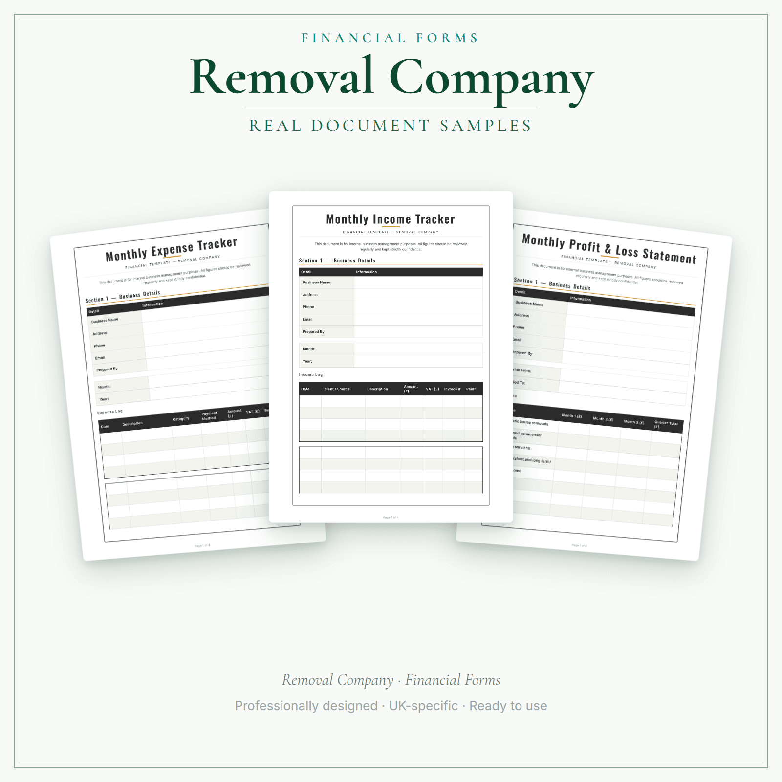Removal Company — Financial Forms Bundle — Premium sample pages preview