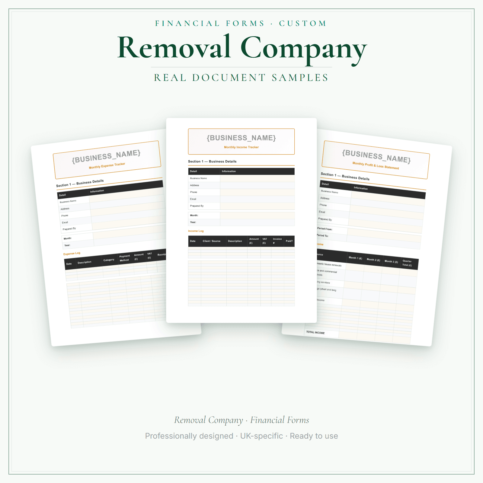 Removal Company — Financial Forms Bundle — Customisable sample pages preview