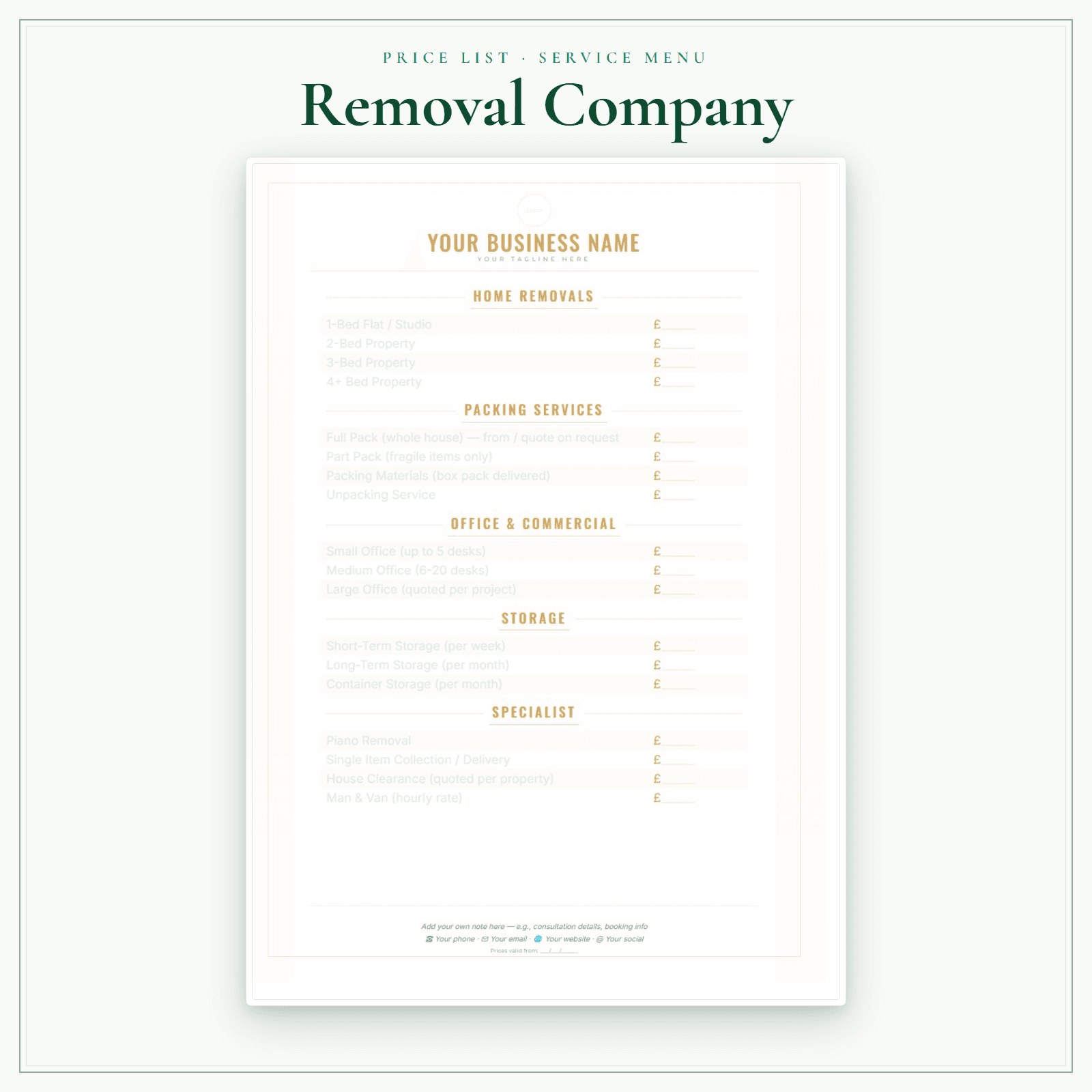 Removal Company — Price List & Service Menu sample pages preview