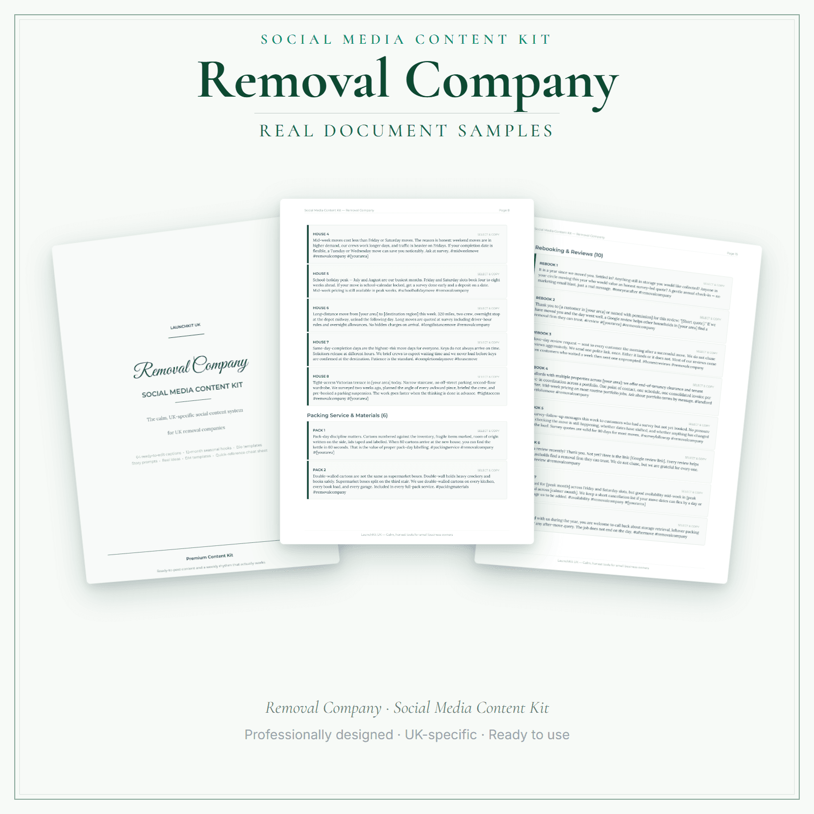 Removal Company — Social Media Content Kit sample pages preview