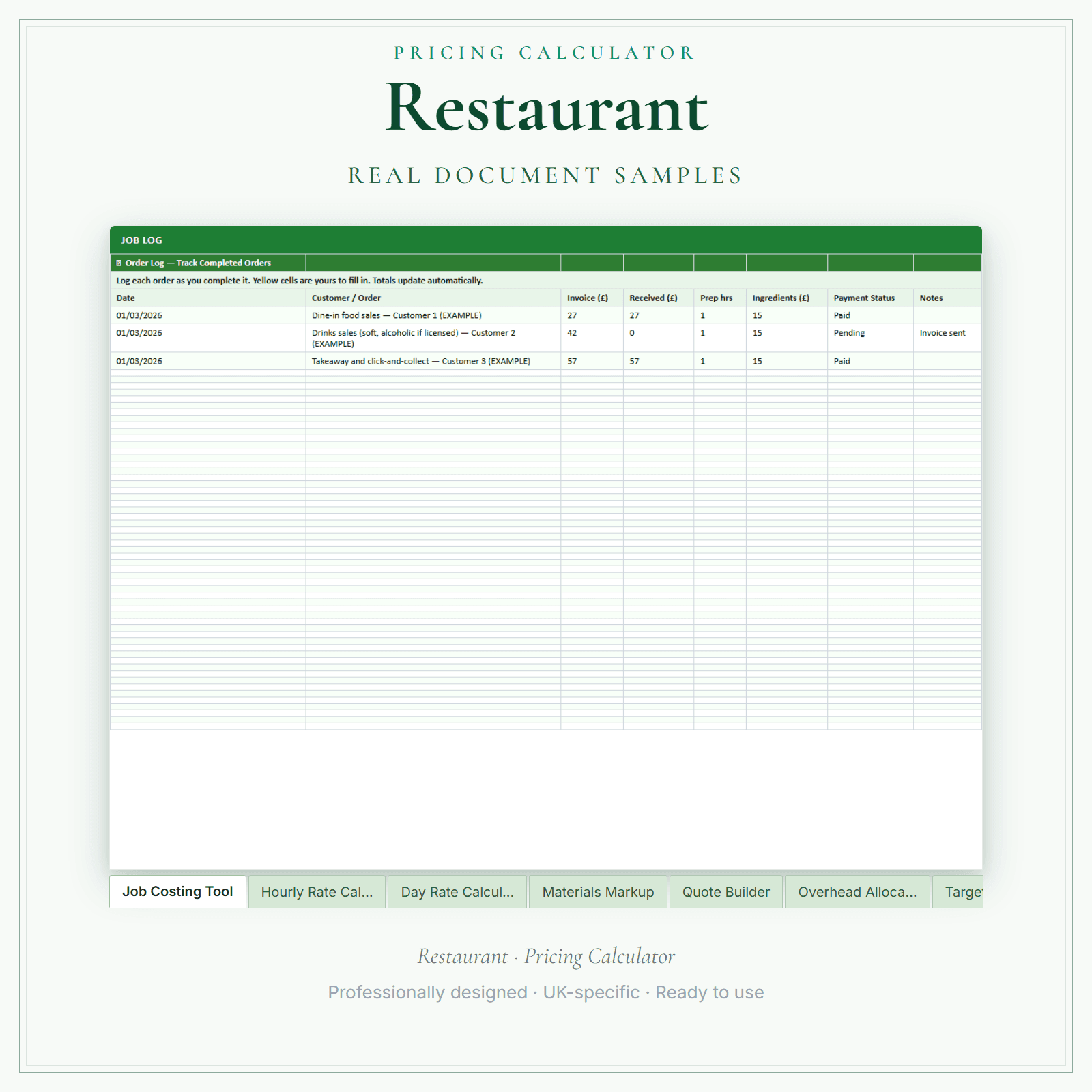 Restaurant — Pricing Calculator — Premium sample pages preview