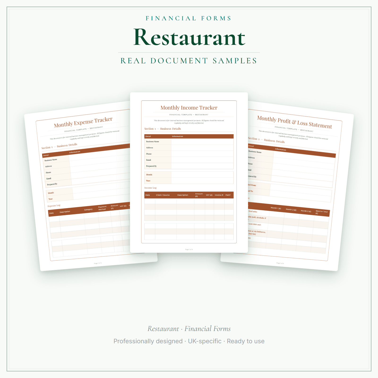 Restaurant — Financial Forms Bundle — Premium sample pages preview