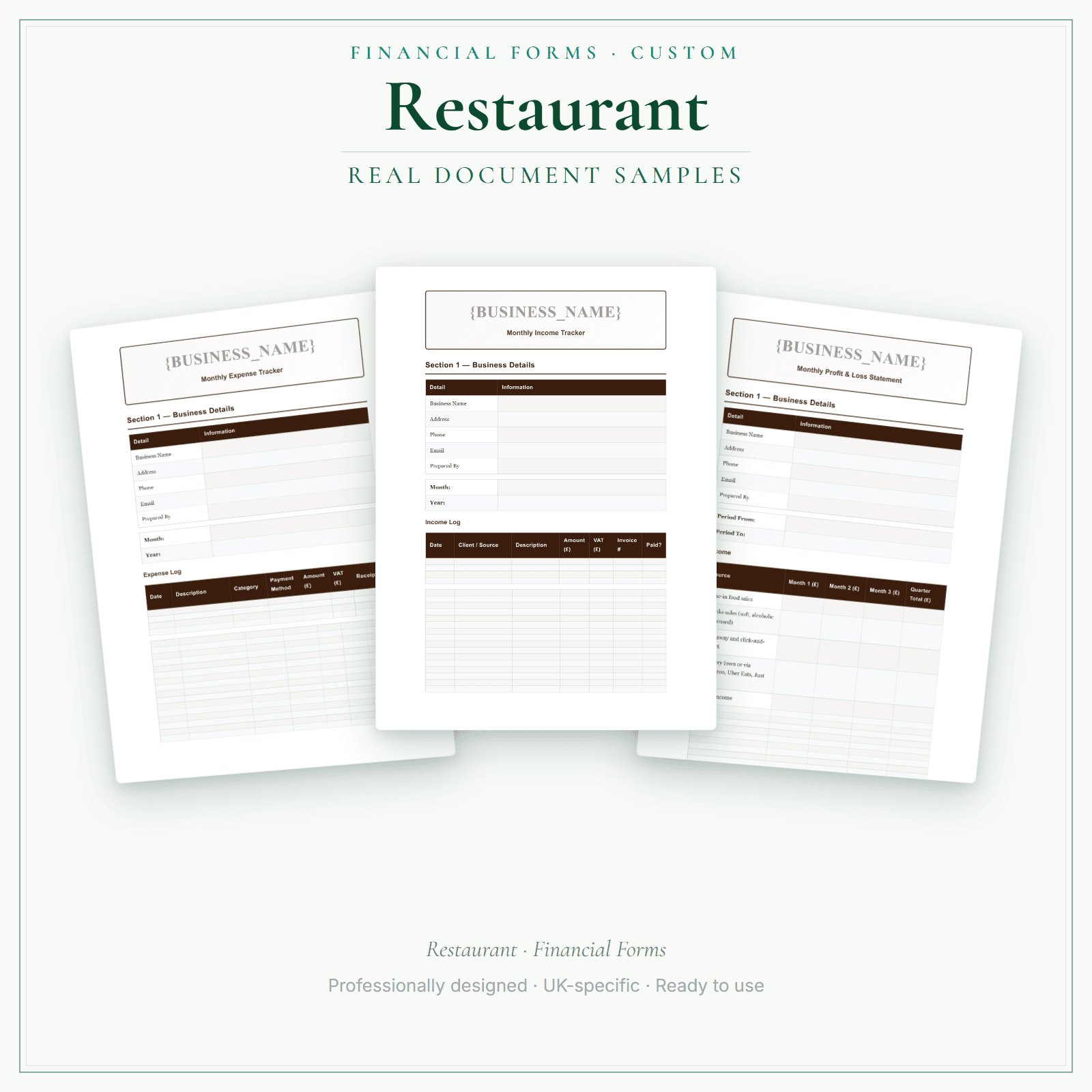 Restaurant — Financial Forms Bundle — Customisable sample pages preview