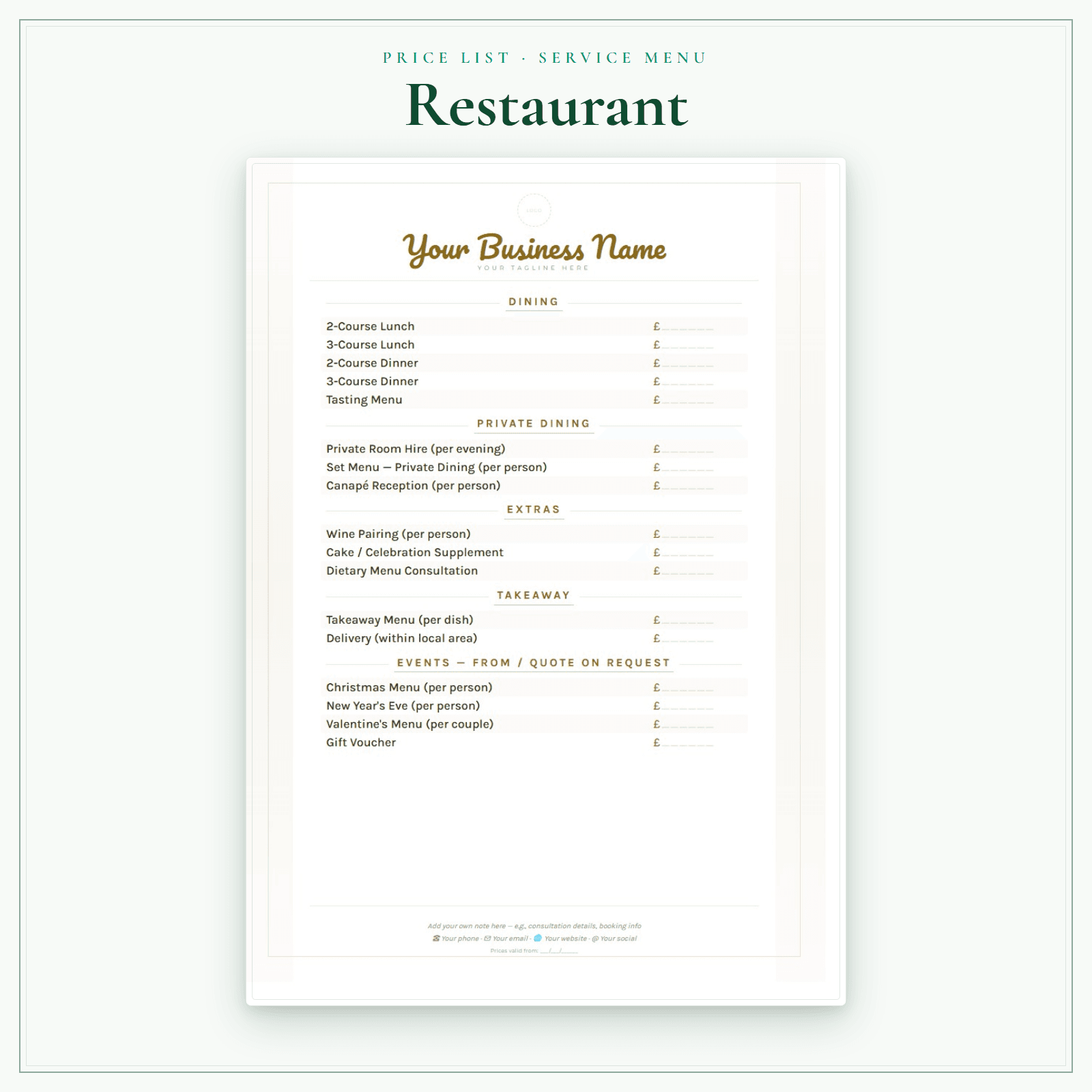 Restaurant — Price List & Service Menu sample pages preview