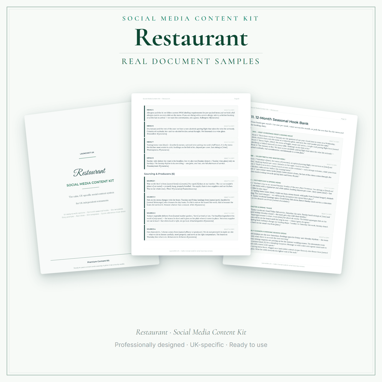 Restaurant — Social Media Content Kit sample pages preview