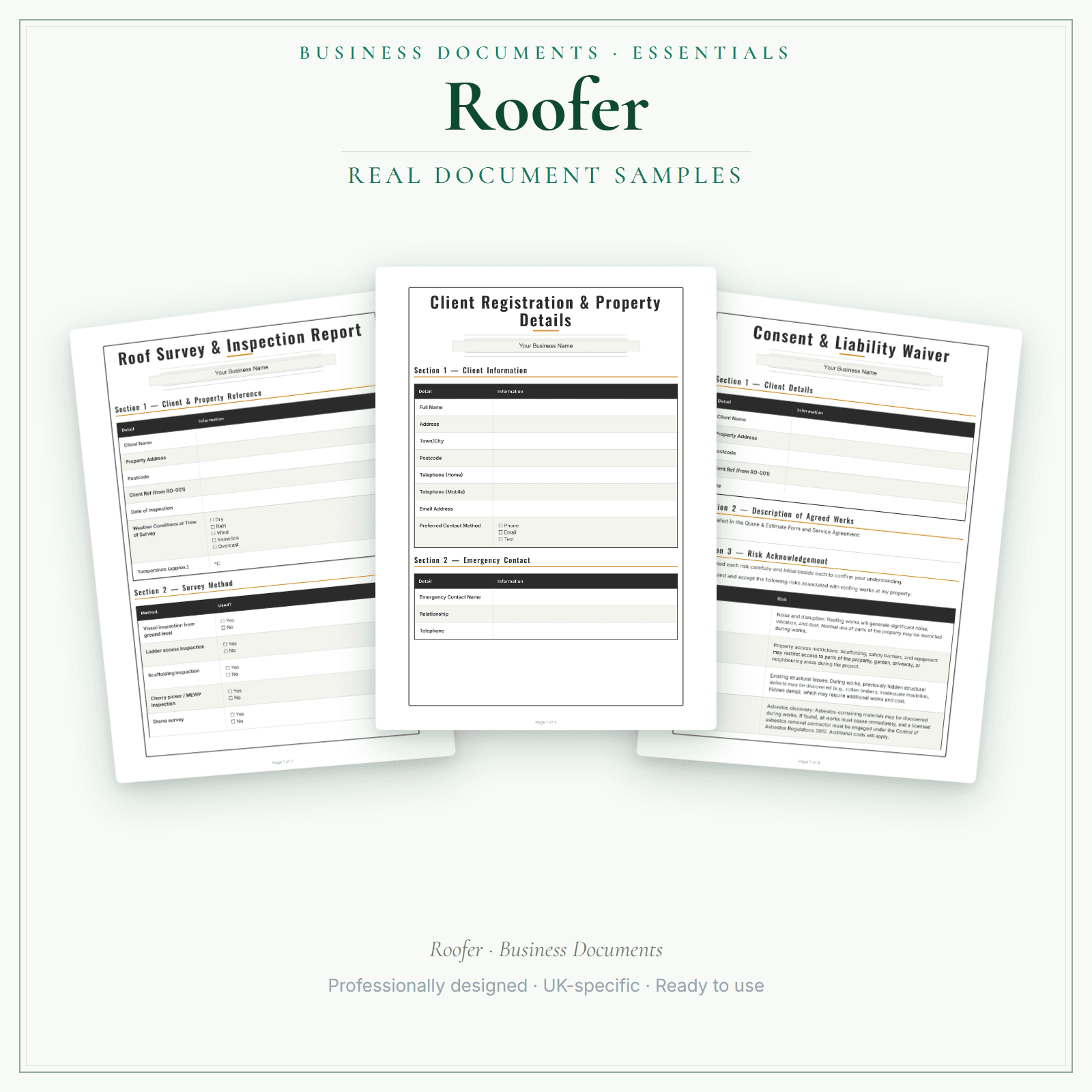 Roofer — Business Documents — Essential sample pages preview