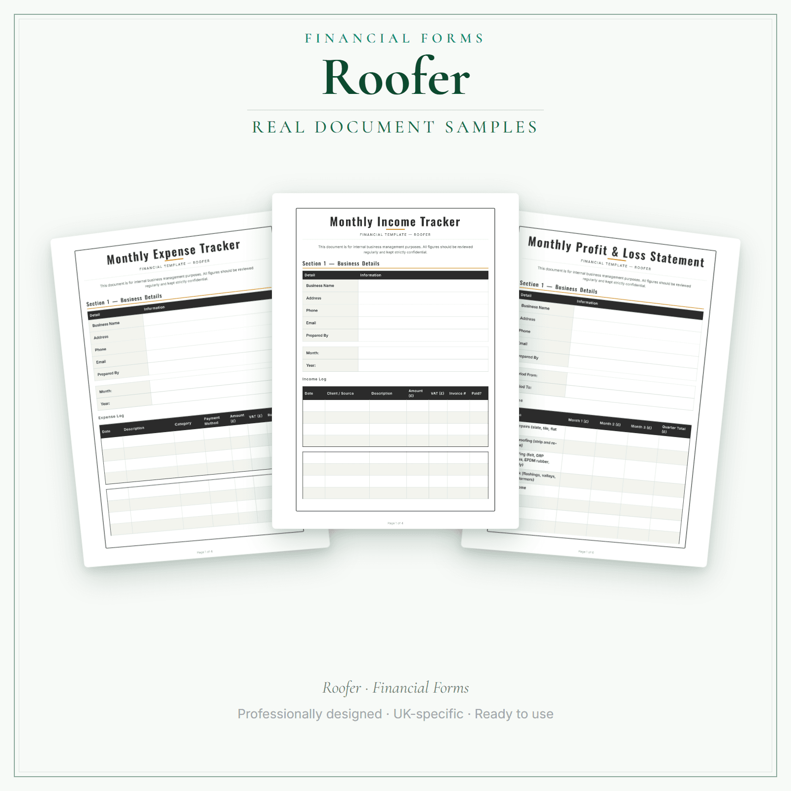 Roofer — Financial Forms Bundle — Premium sample pages preview