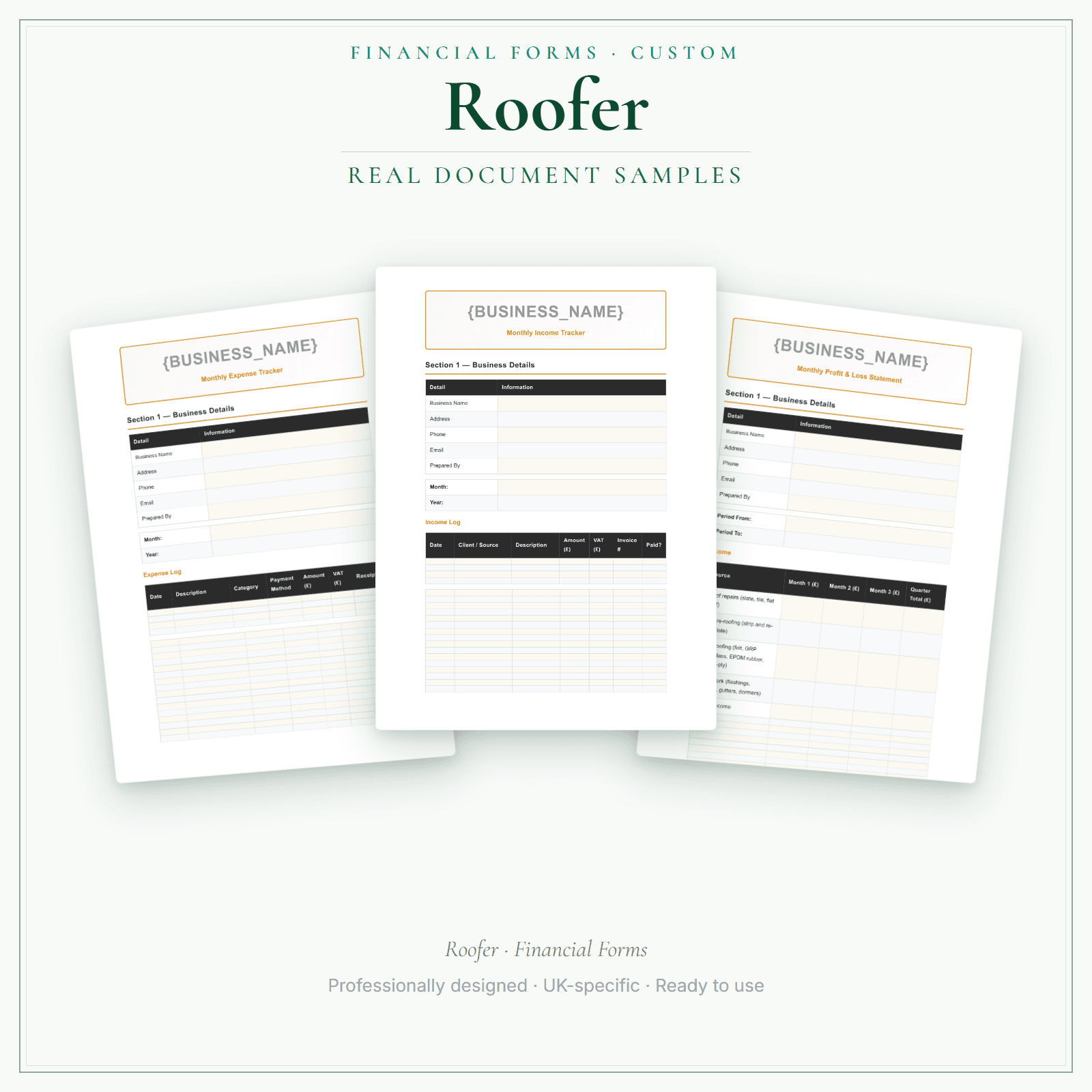 Roofer — Financial Forms Bundle — Customisable sample pages preview