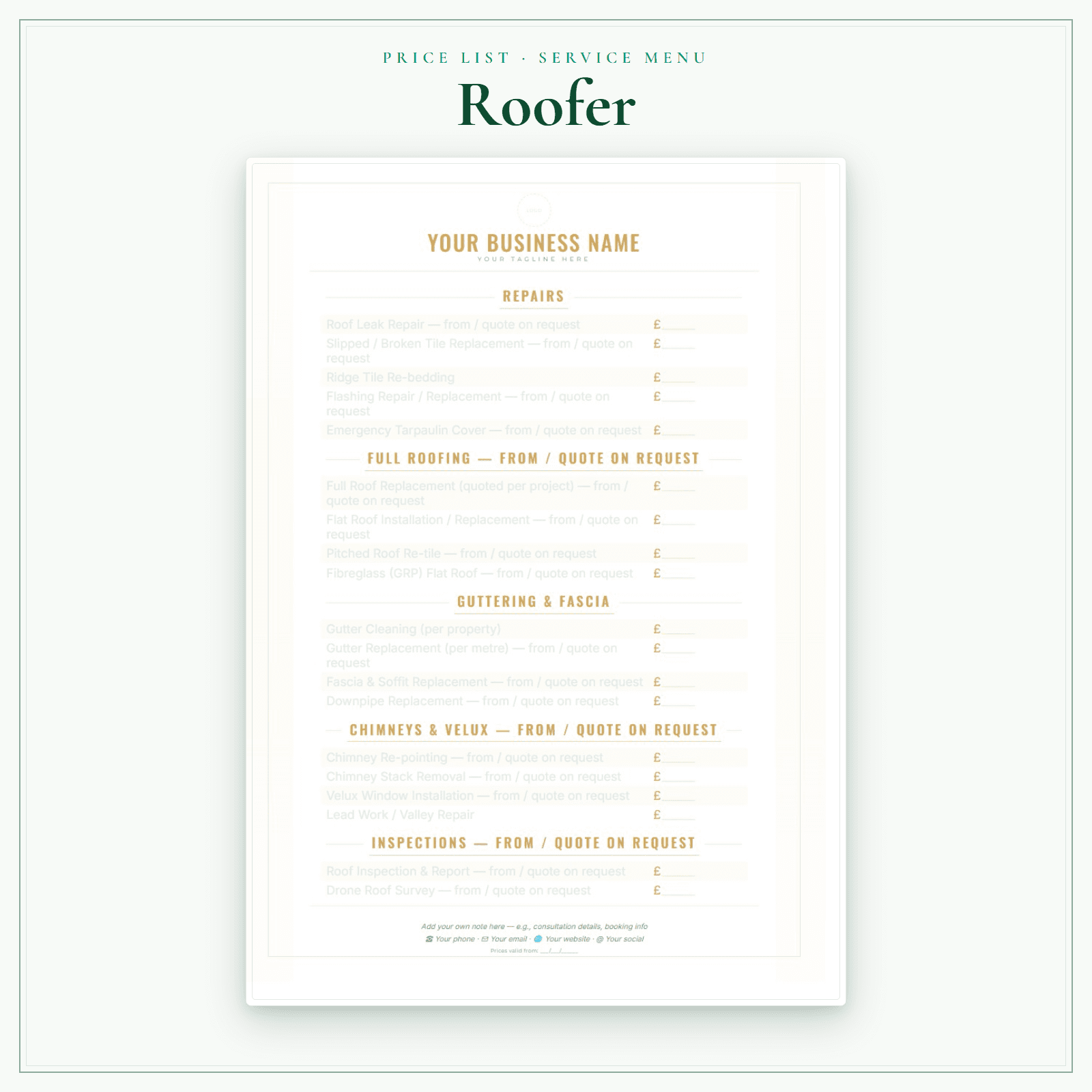 Roofer — Price List & Service Menu sample pages preview