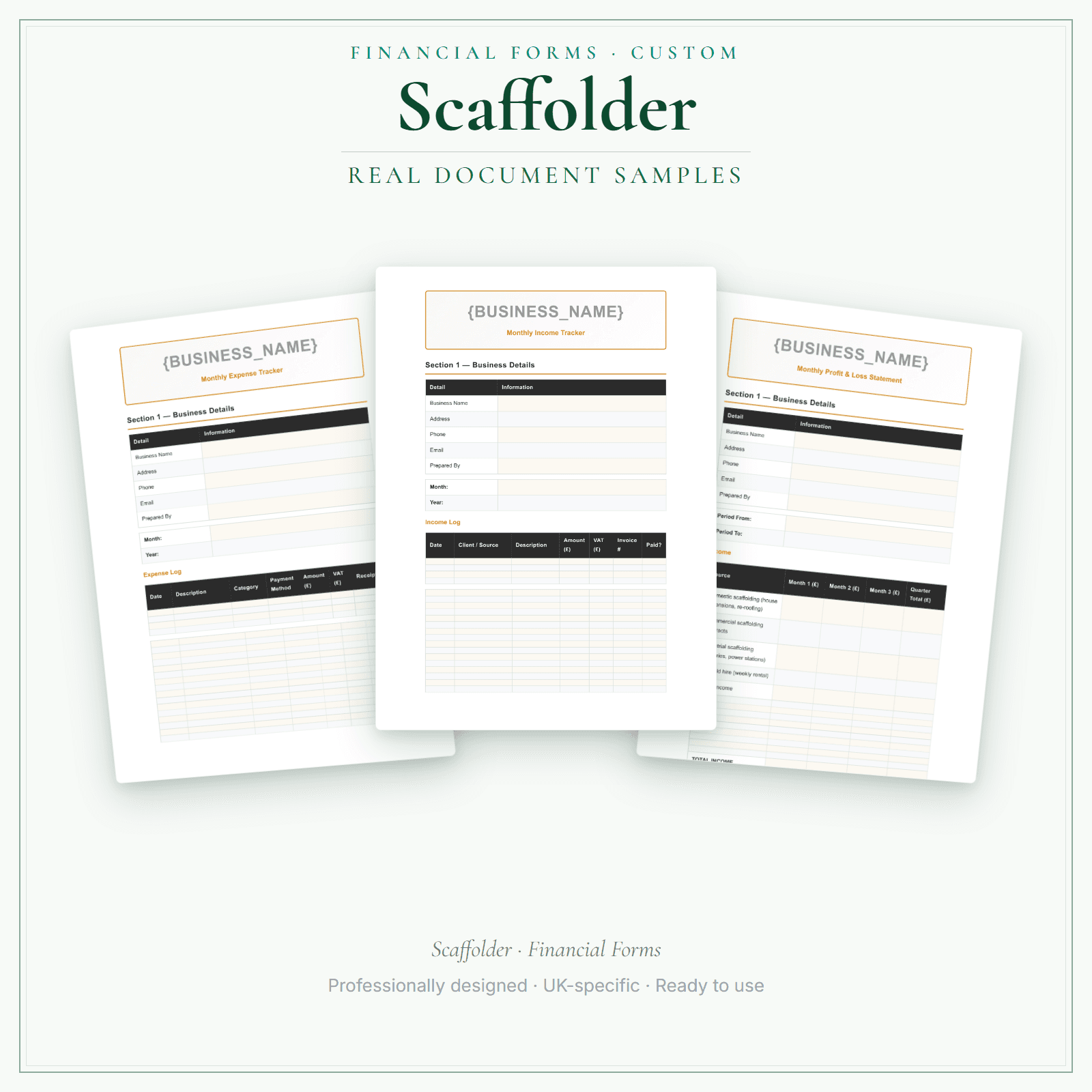Scaffolder — Financial Forms Bundle — Customisable sample pages preview
