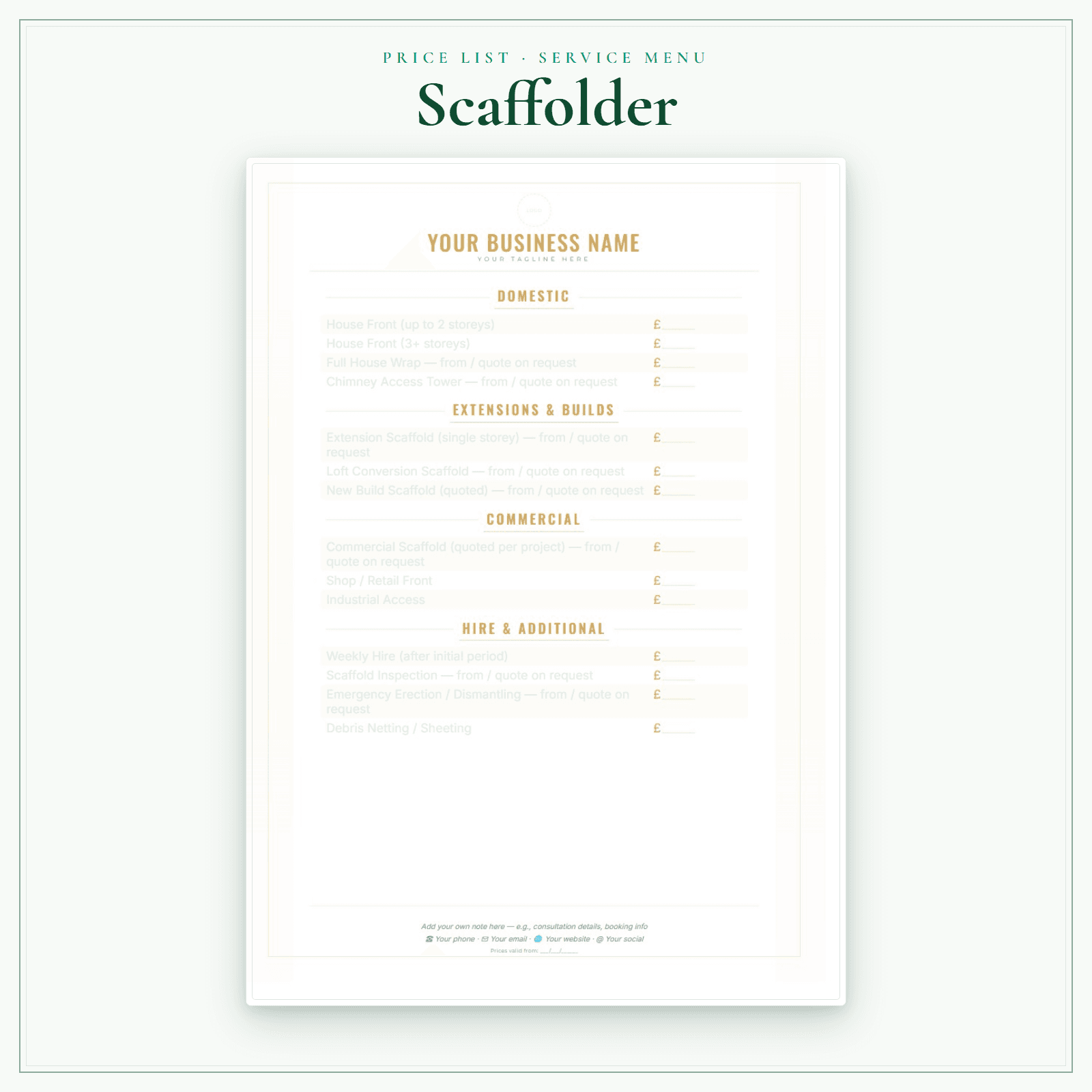 Scaffolder — Price List & Service Menu sample pages preview