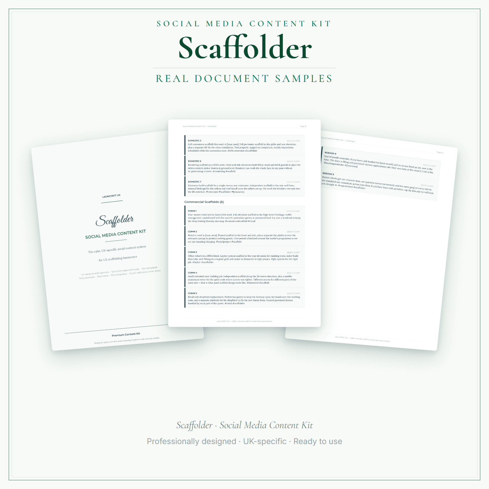 Scaffolder — Social Media Content Kit sample pages preview