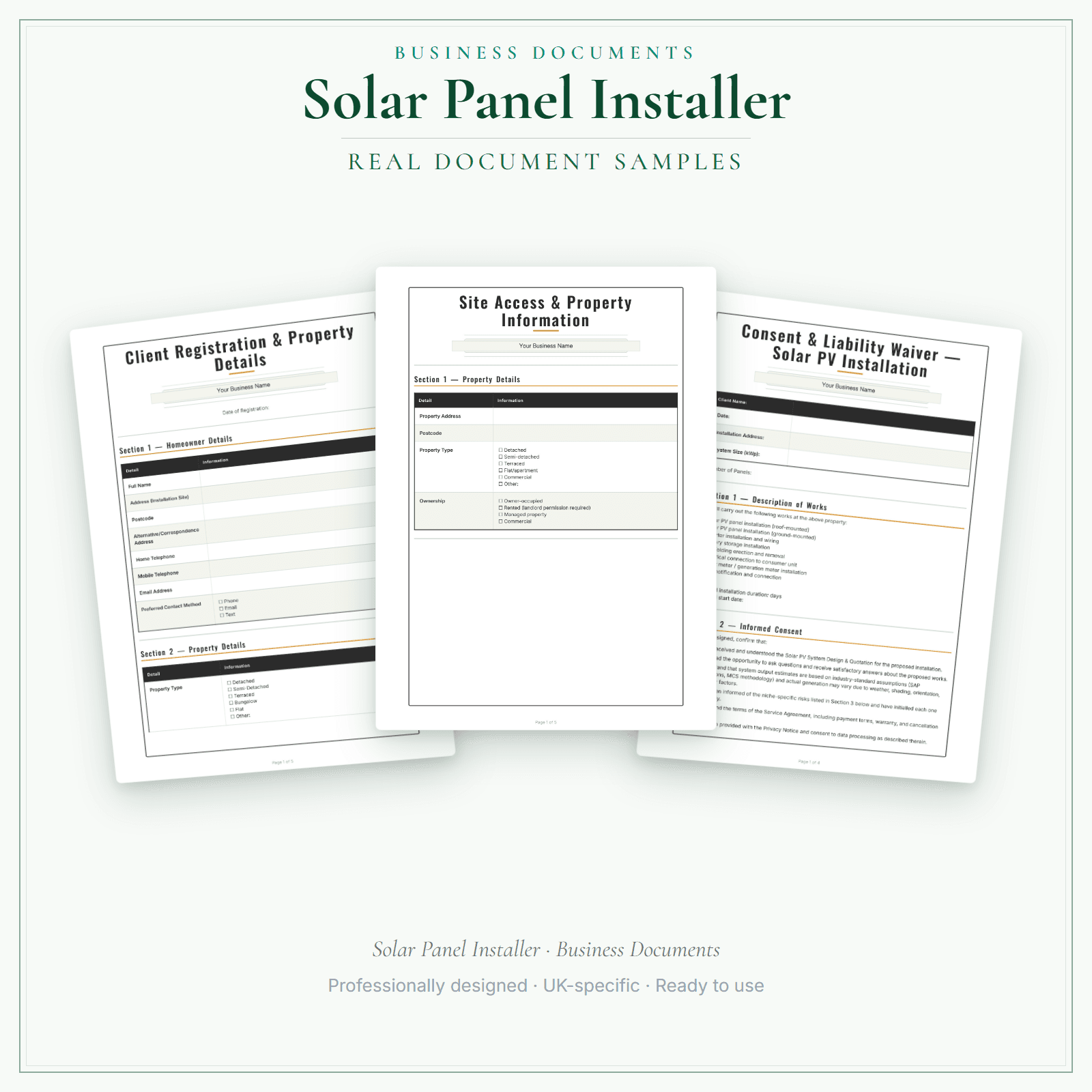 Solar Panel Installer — Business Documents — Premium sample pages preview