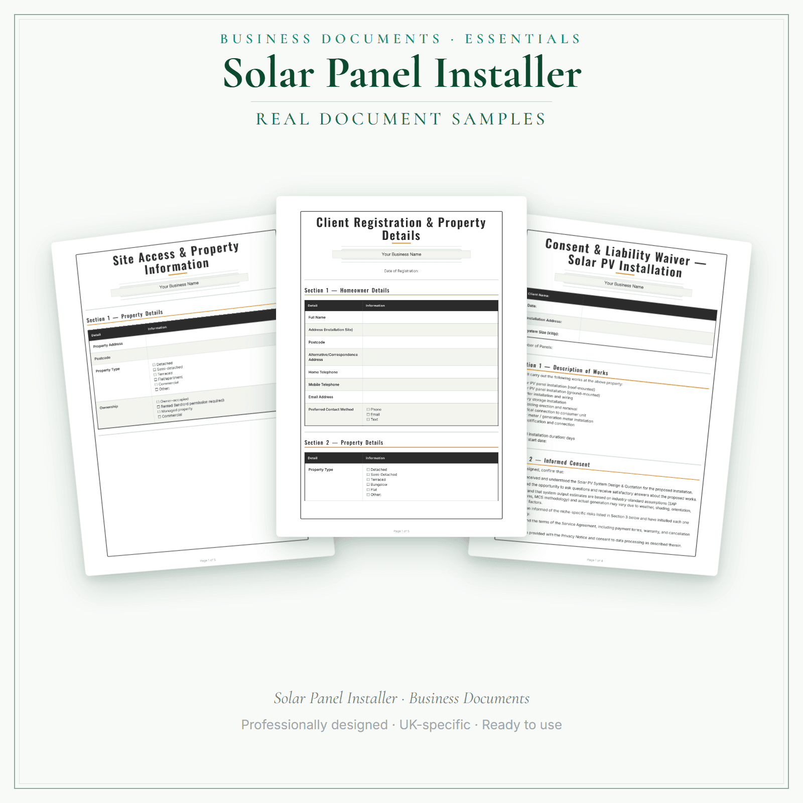 Solar Panel Installer — Business Documents — Essential sample pages preview