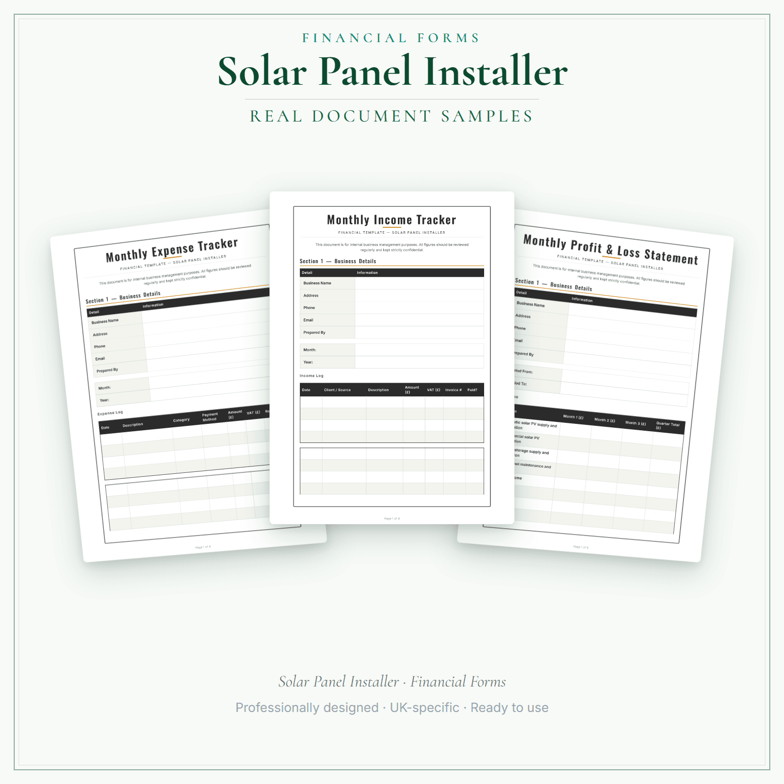 Solar Panel Installer — Financial Forms Bundle — Premium sample pages preview