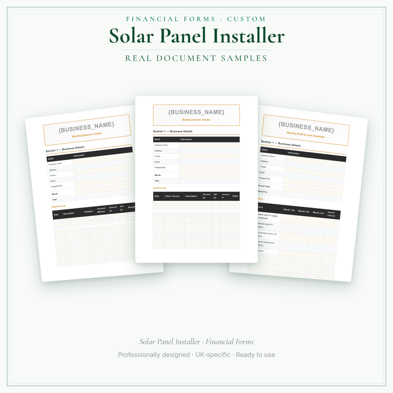 Solar Panel Installer — Financial Forms Bundle — Customisable sample pages preview