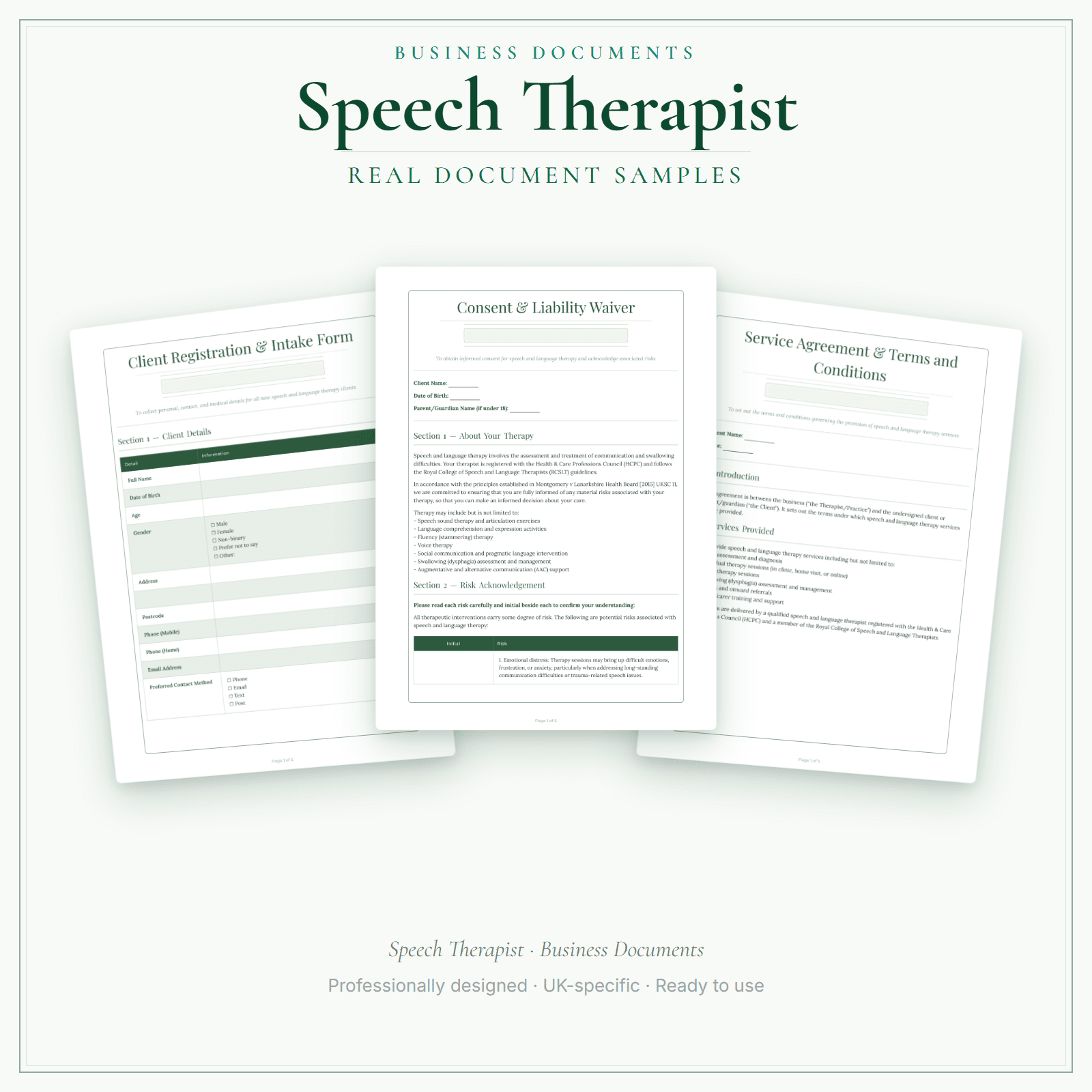 Speech Therapist — Business Documents — Premium sample pages preview