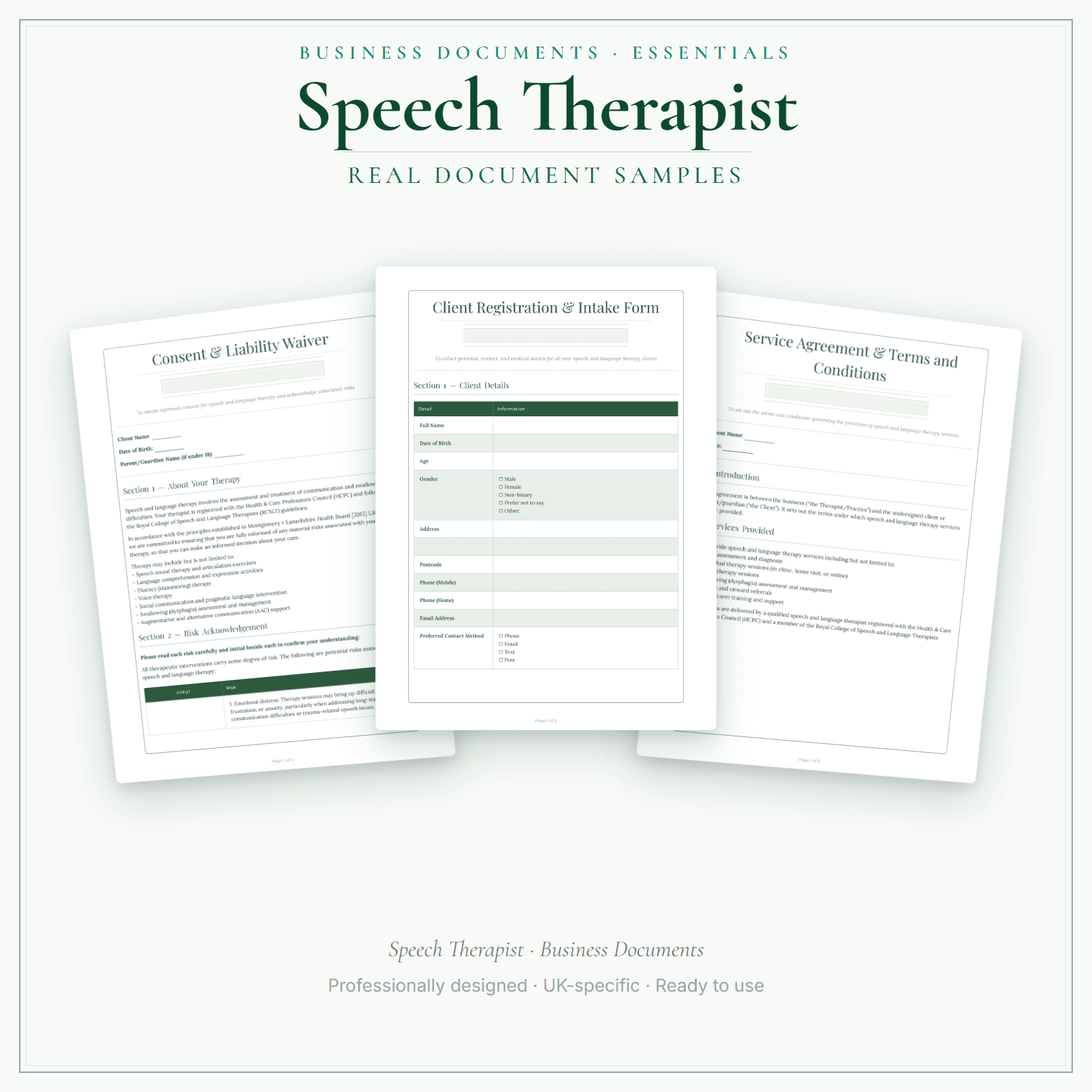 Speech Therapist — Business Documents — Essential sample pages preview