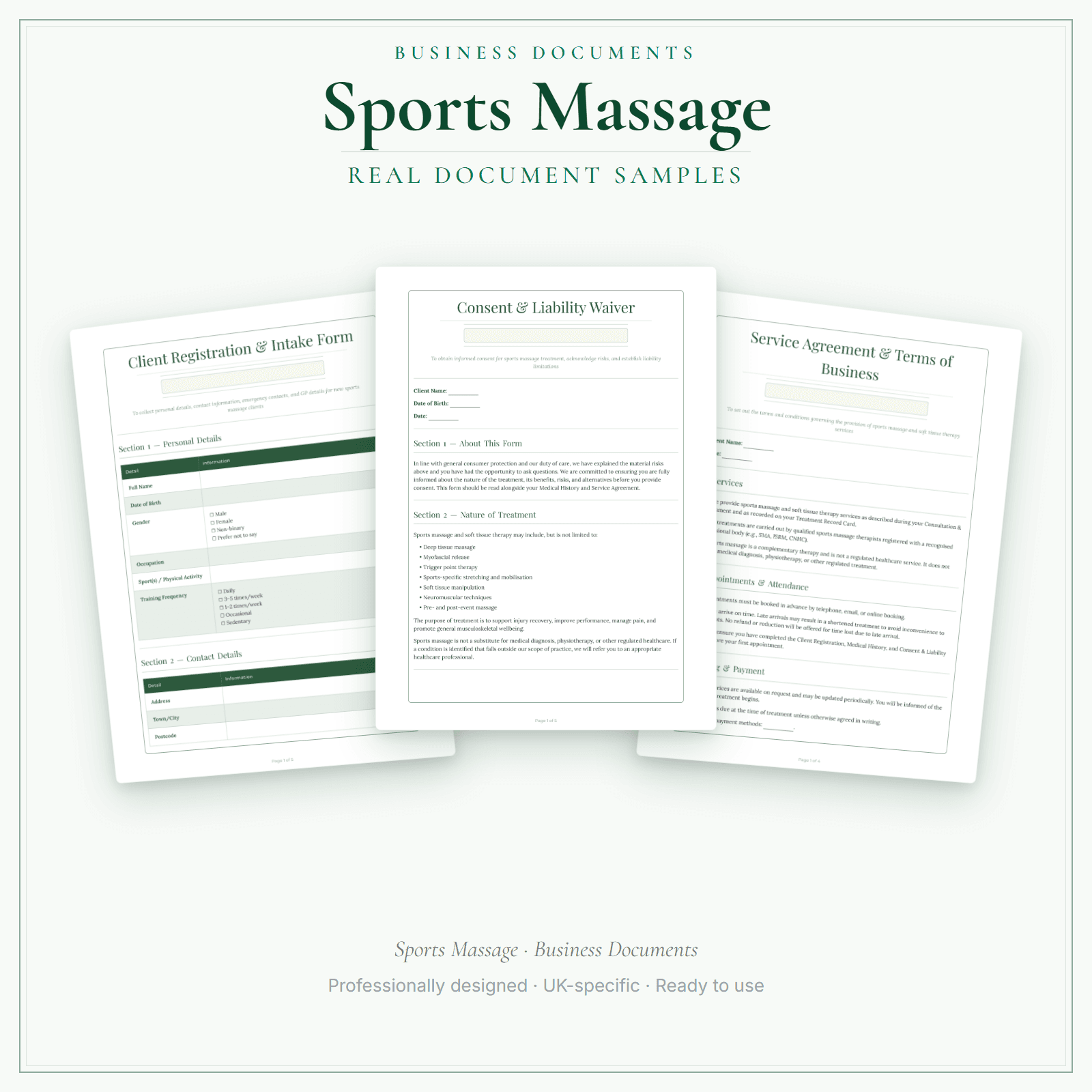 Sports Massage — Business Documents — Premium sample pages preview