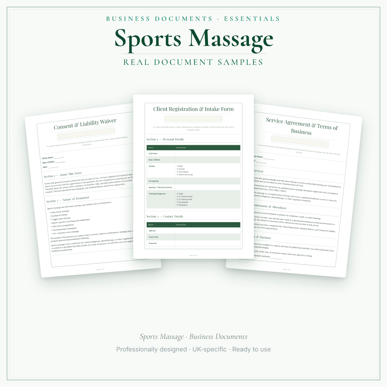 Sports Massage — Business Documents — Essential sample pages preview