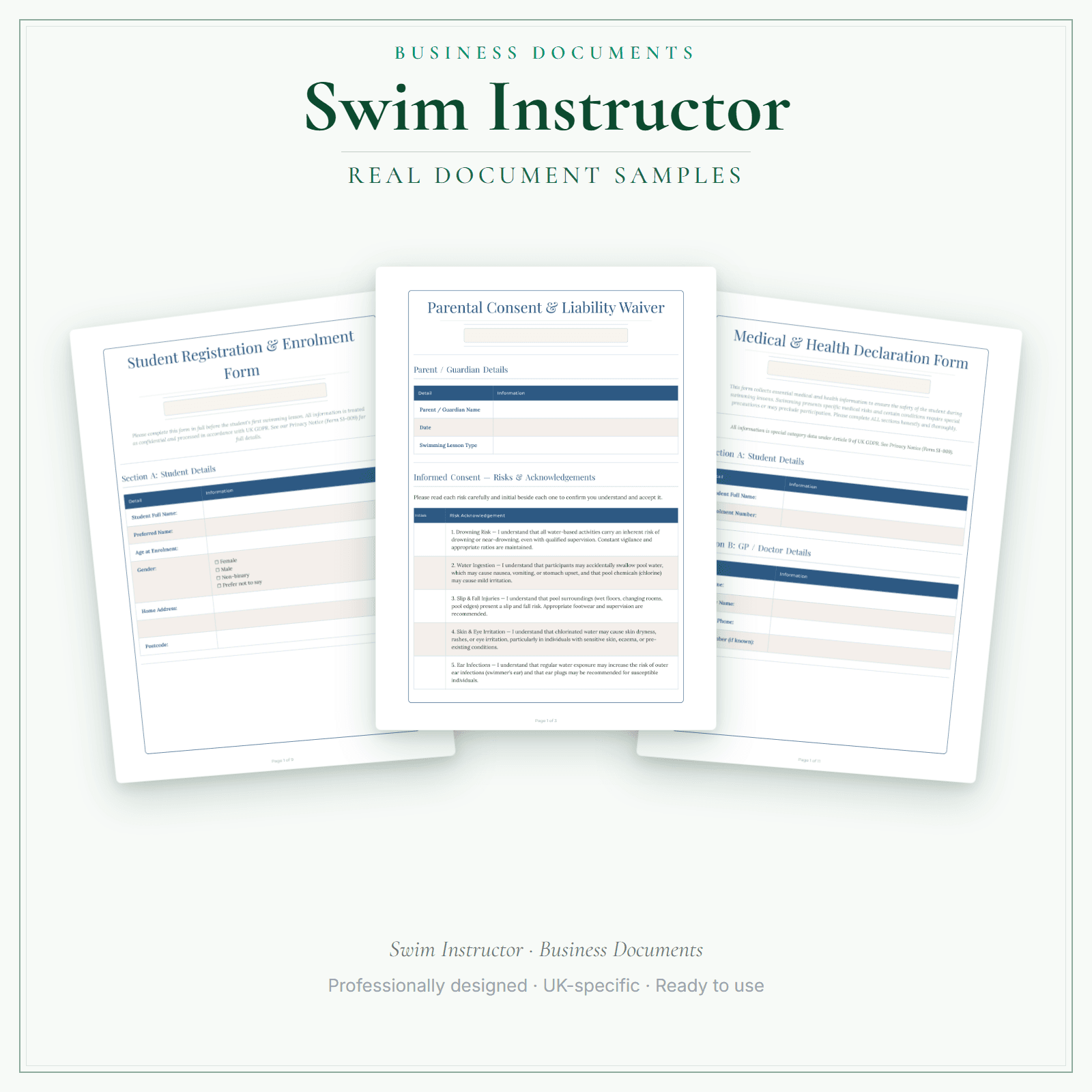 Swim Instructor — Business Documents — Premium sample pages preview