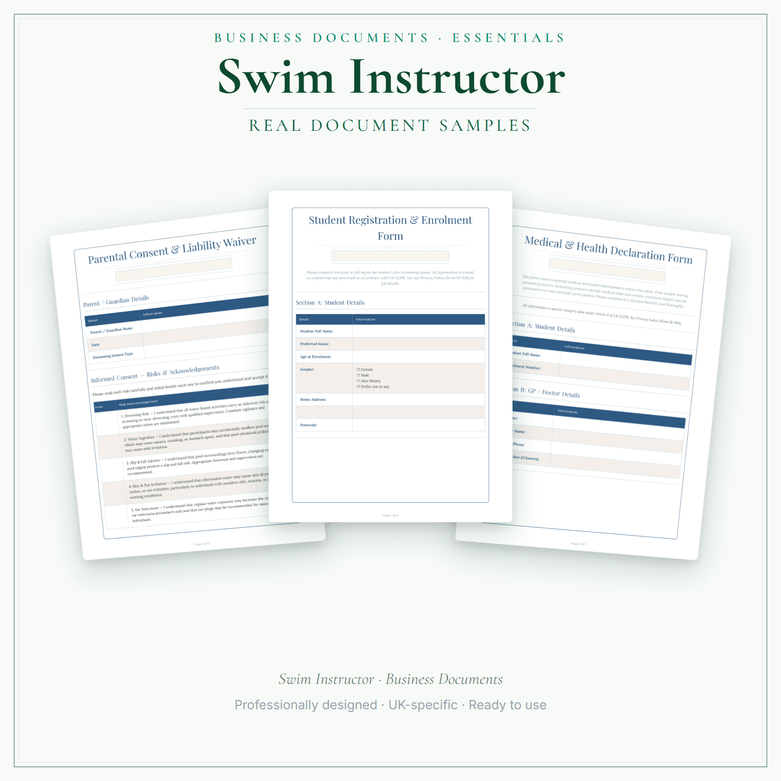 Swim Instructor — Business Documents — Essential sample pages preview