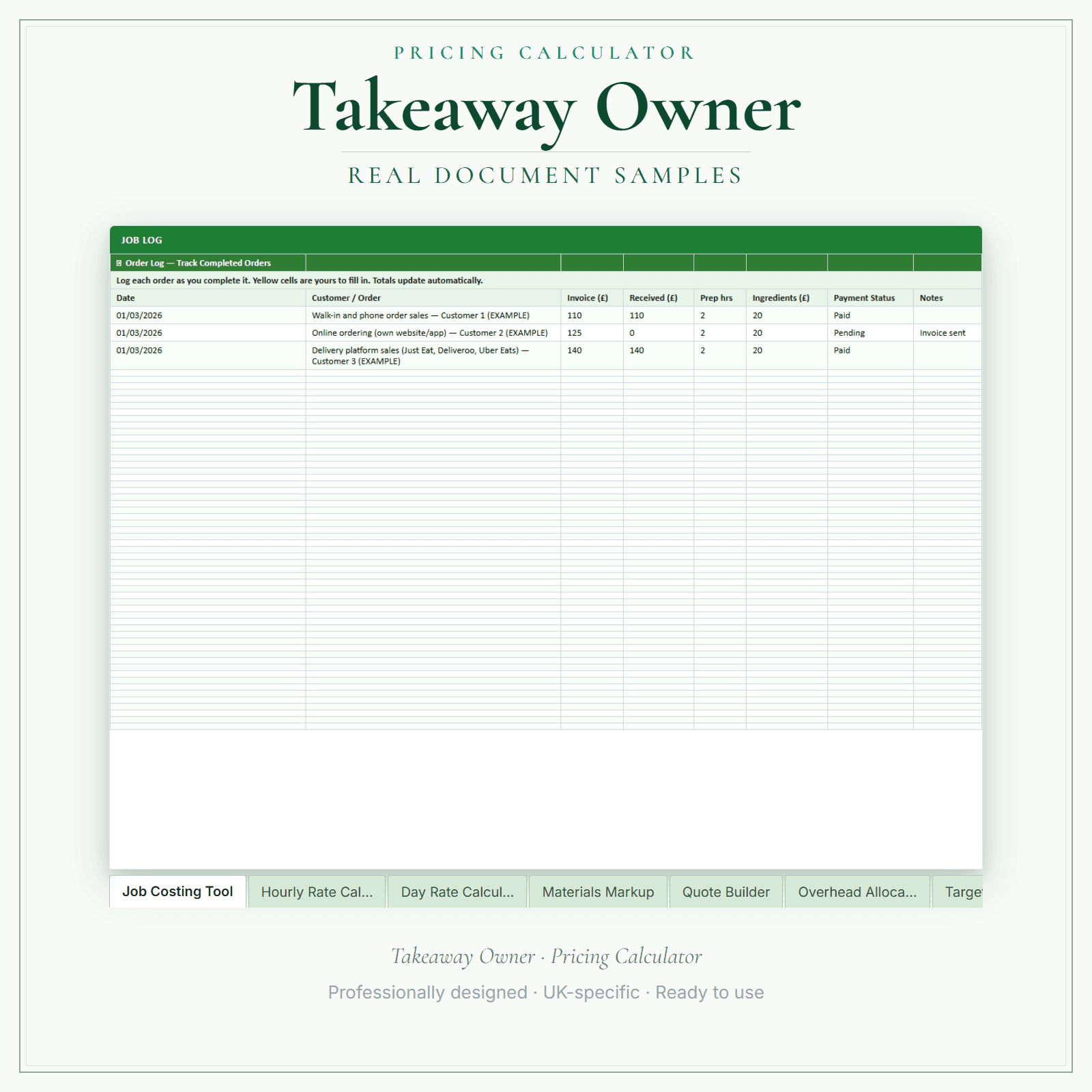 Takeaway Owner — Pricing Calculator — Premium sample pages preview