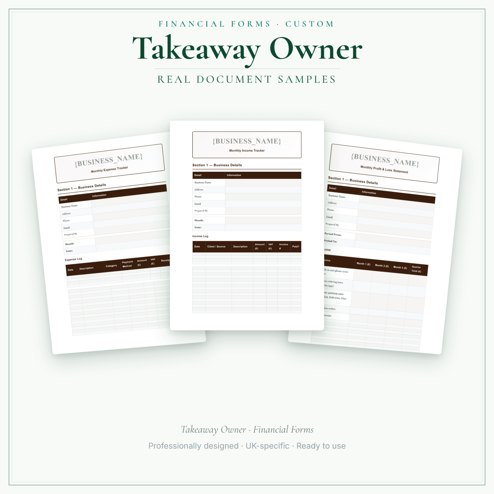 Takeaway Owner — Financial Forms Bundle — Customisable sample pages preview