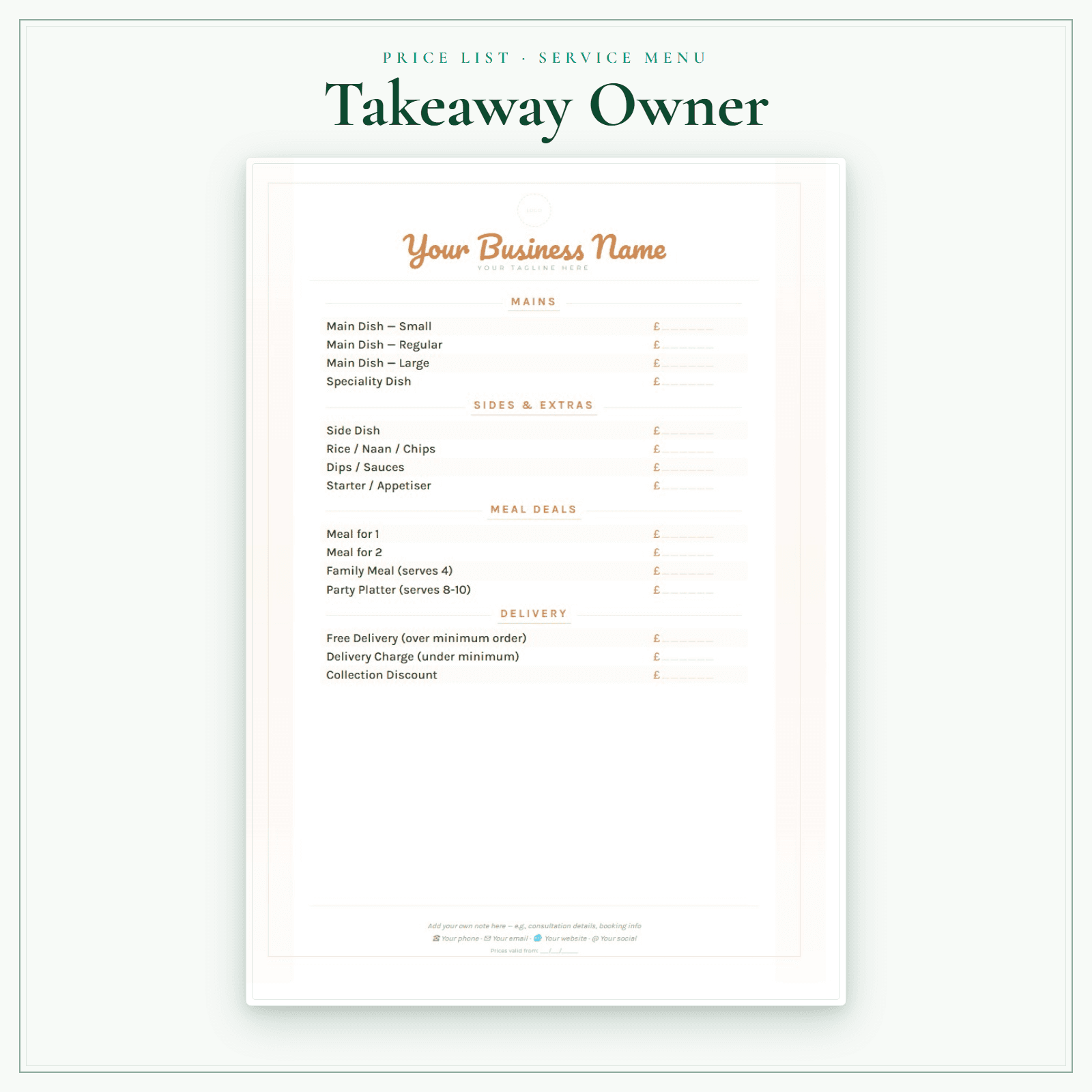 Takeaway Owner — Price List & Service Menu sample pages preview