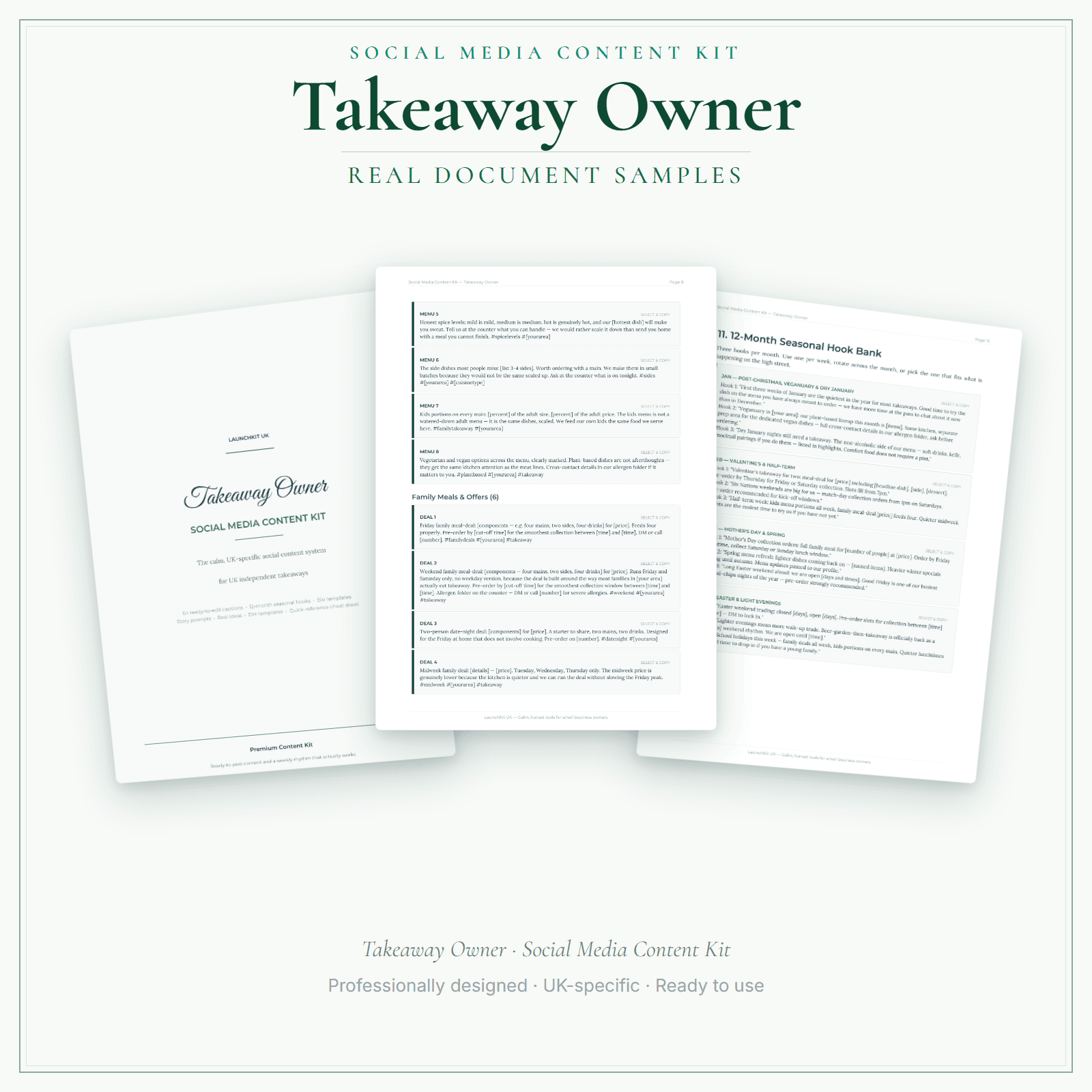 Takeaway Owner — Social Media Content Kit sample pages preview