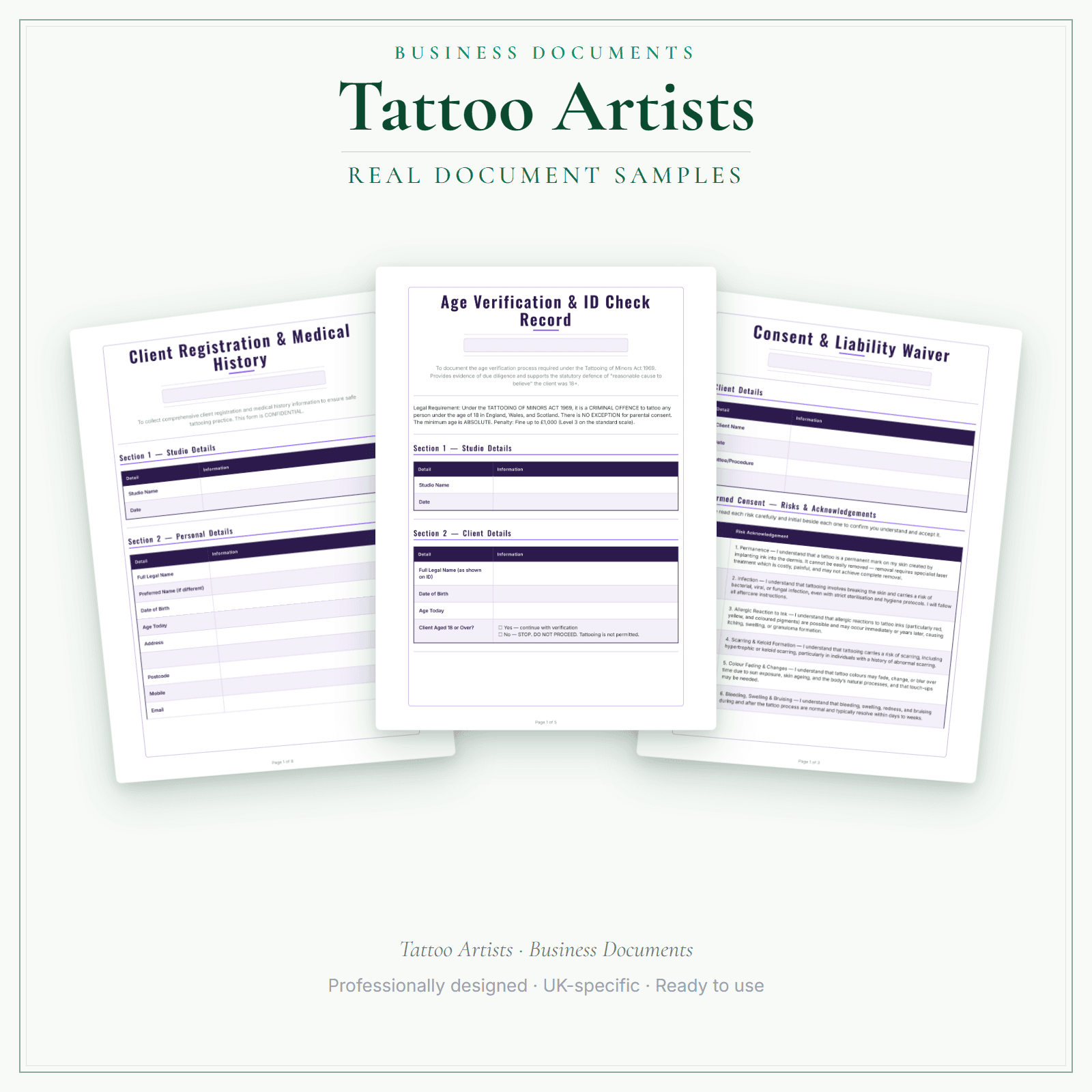 Tattoo Artists — Business Documents — Premium sample pages preview