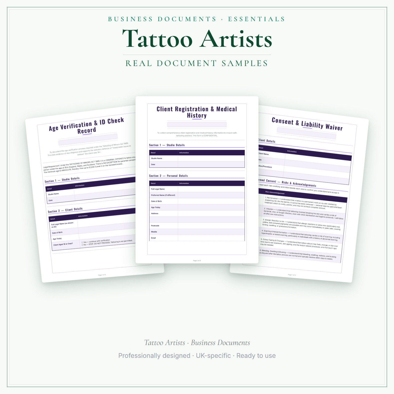 Tattoo Artists — Business Documents — Essential sample pages preview