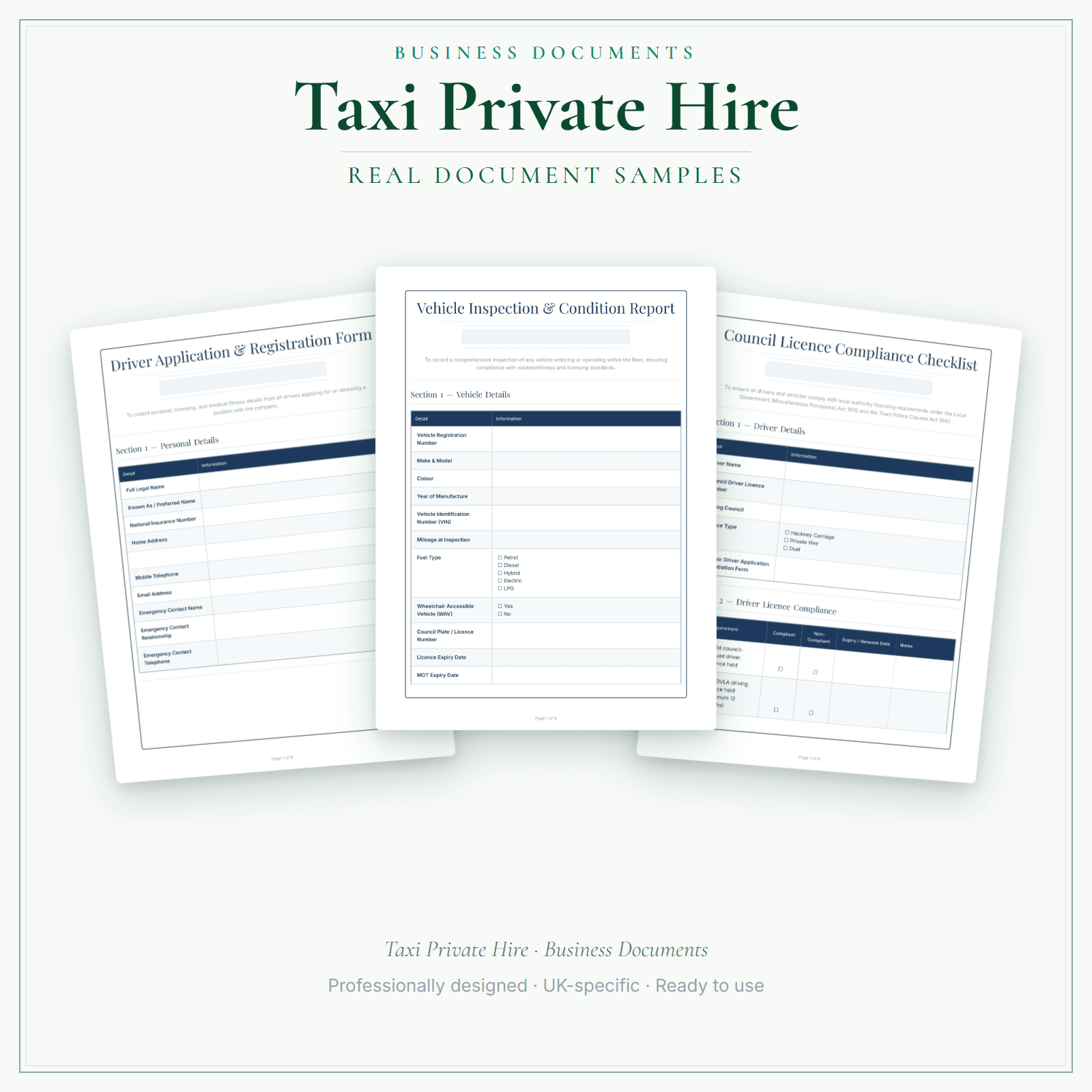 Taxi Private Hire — Business Documents — Premium sample pages preview