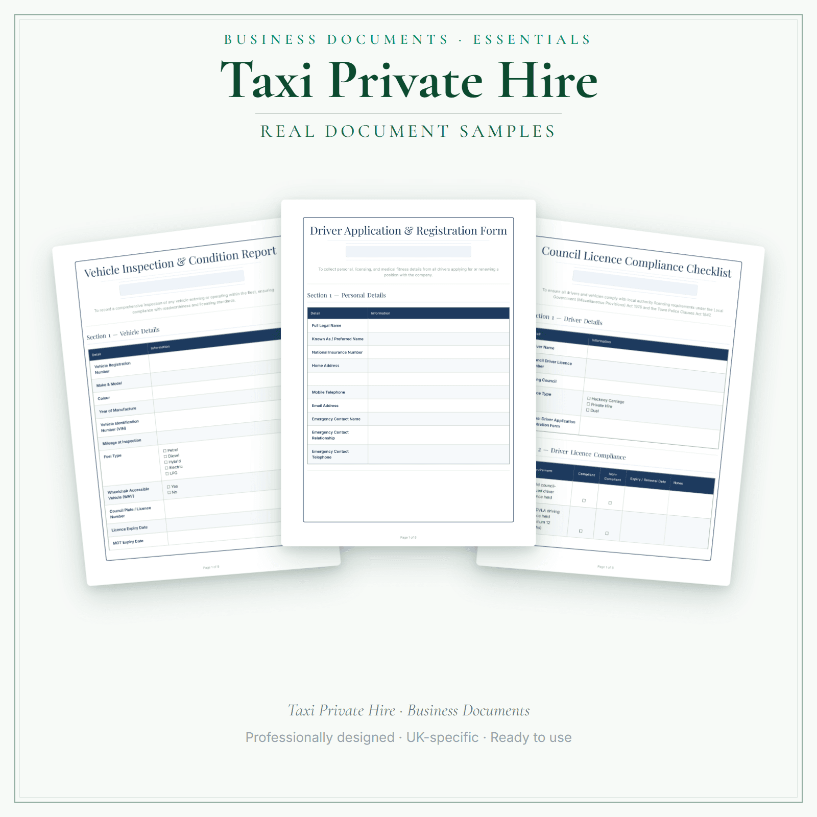 Taxi Private Hire — Business Documents — Essential sample pages preview