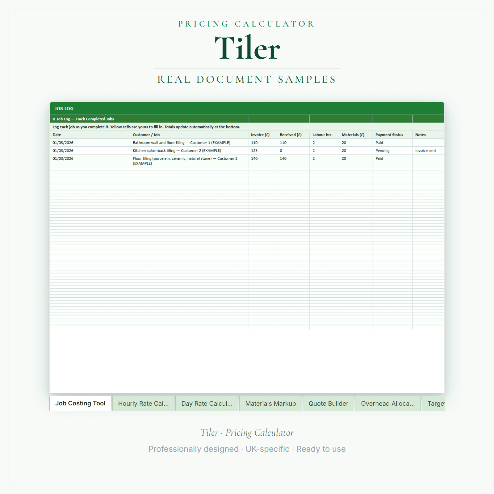 Tiler — Pricing Calculator — Premium sample pages preview