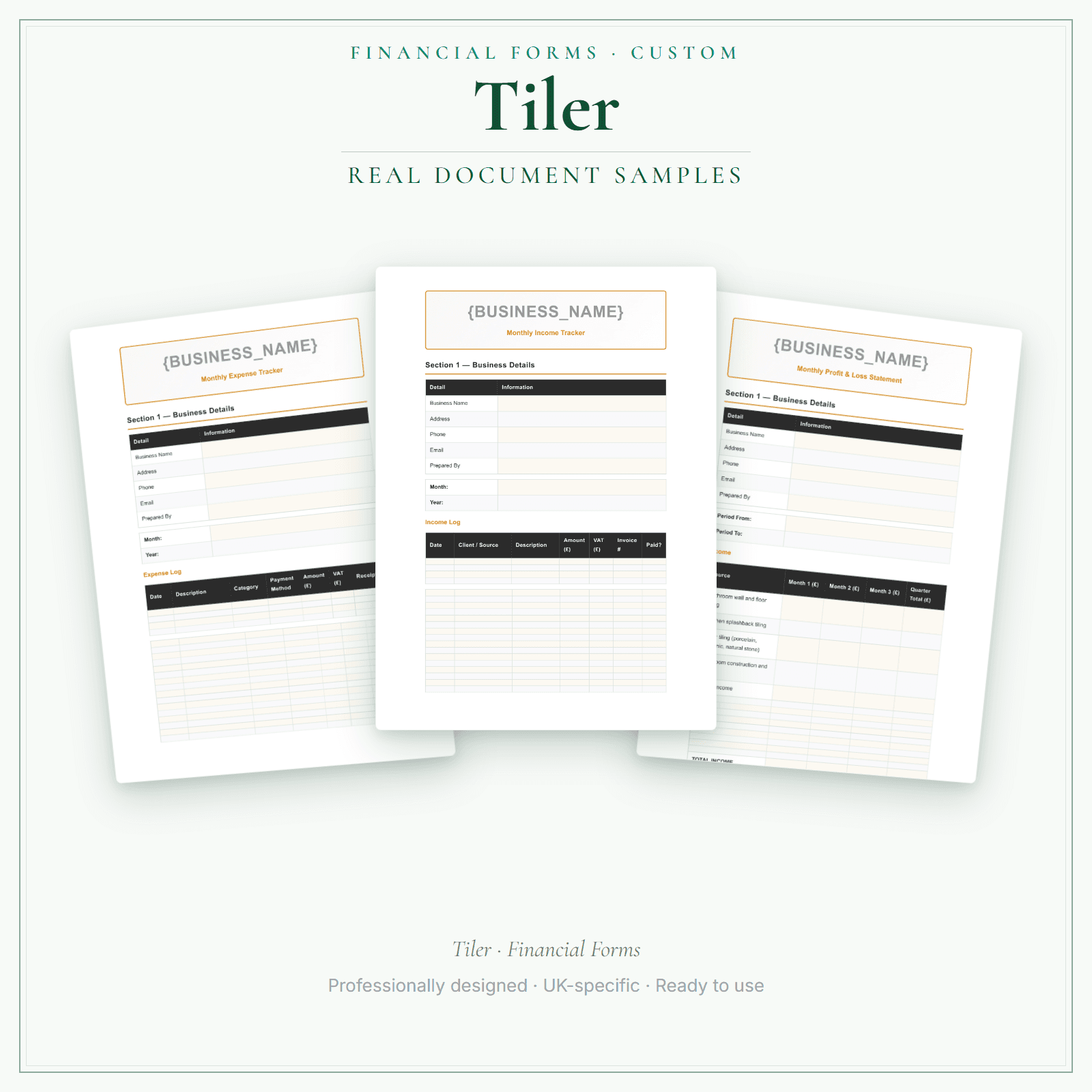 Tiler — Financial Forms Bundle — Customisable sample pages preview