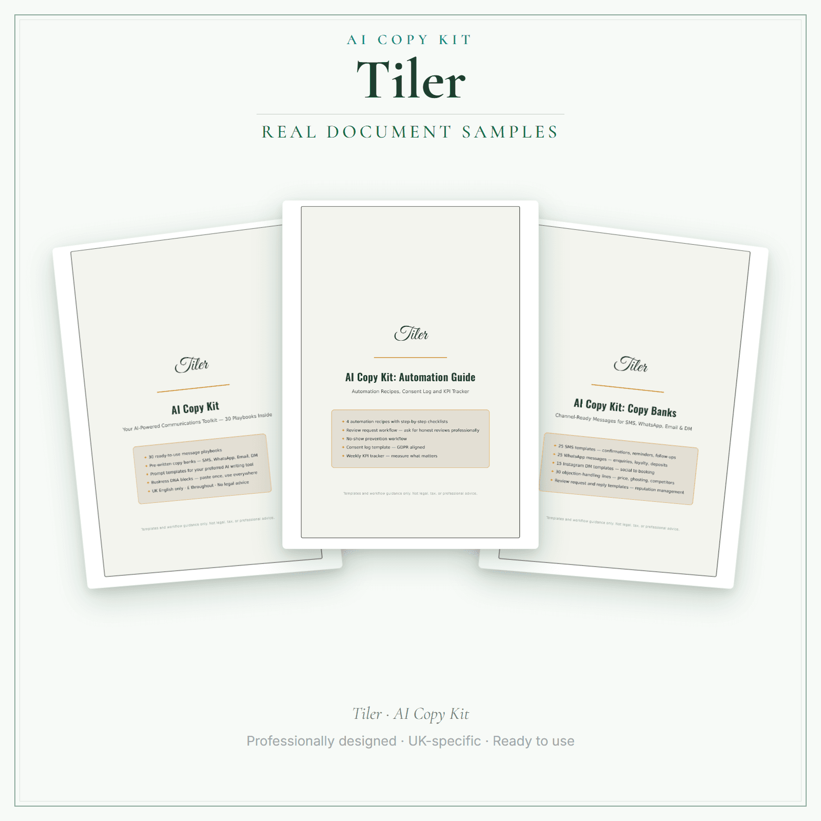 Tiler — AI Copy Kit sample pages preview