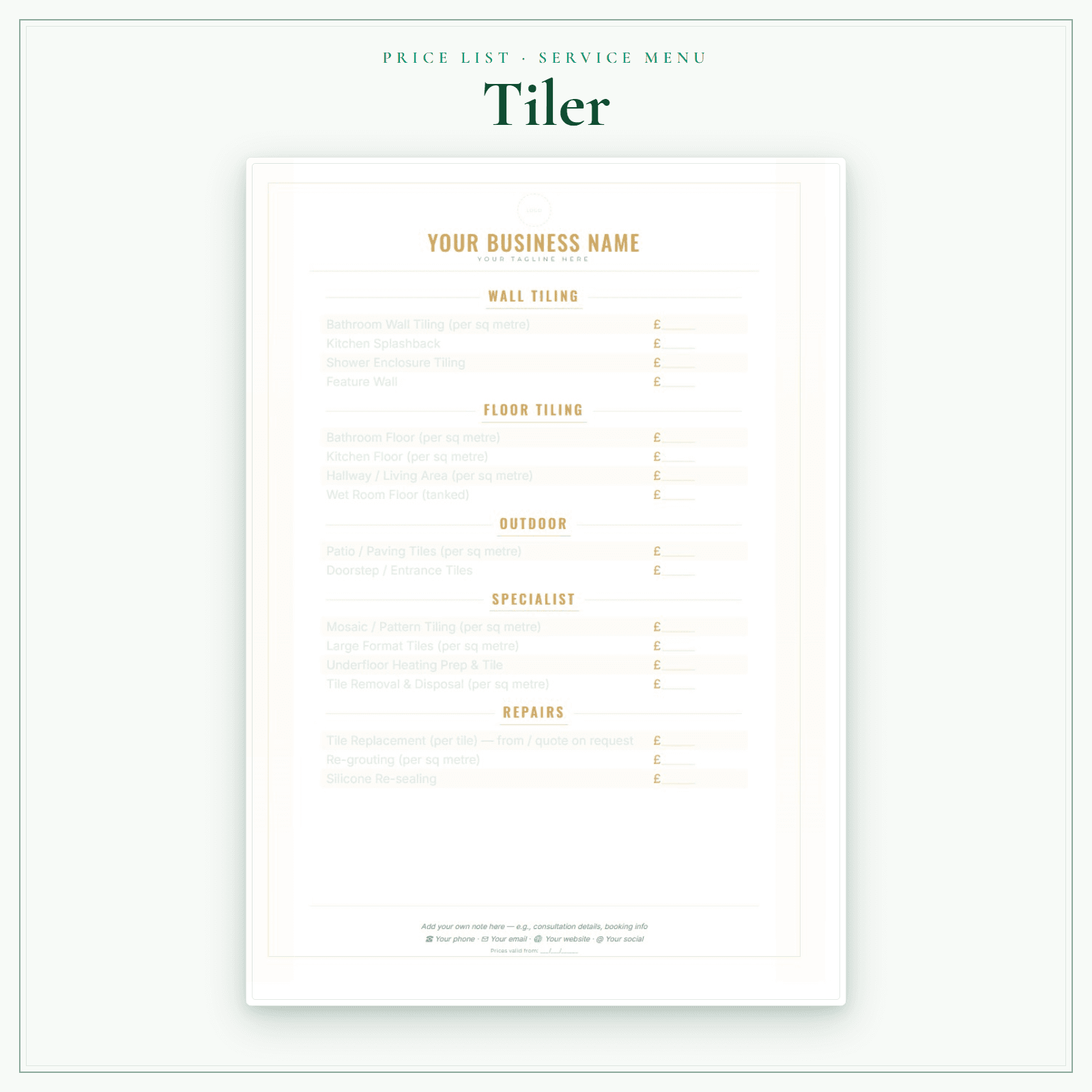 Tiler — Price List & Service Menu sample pages preview