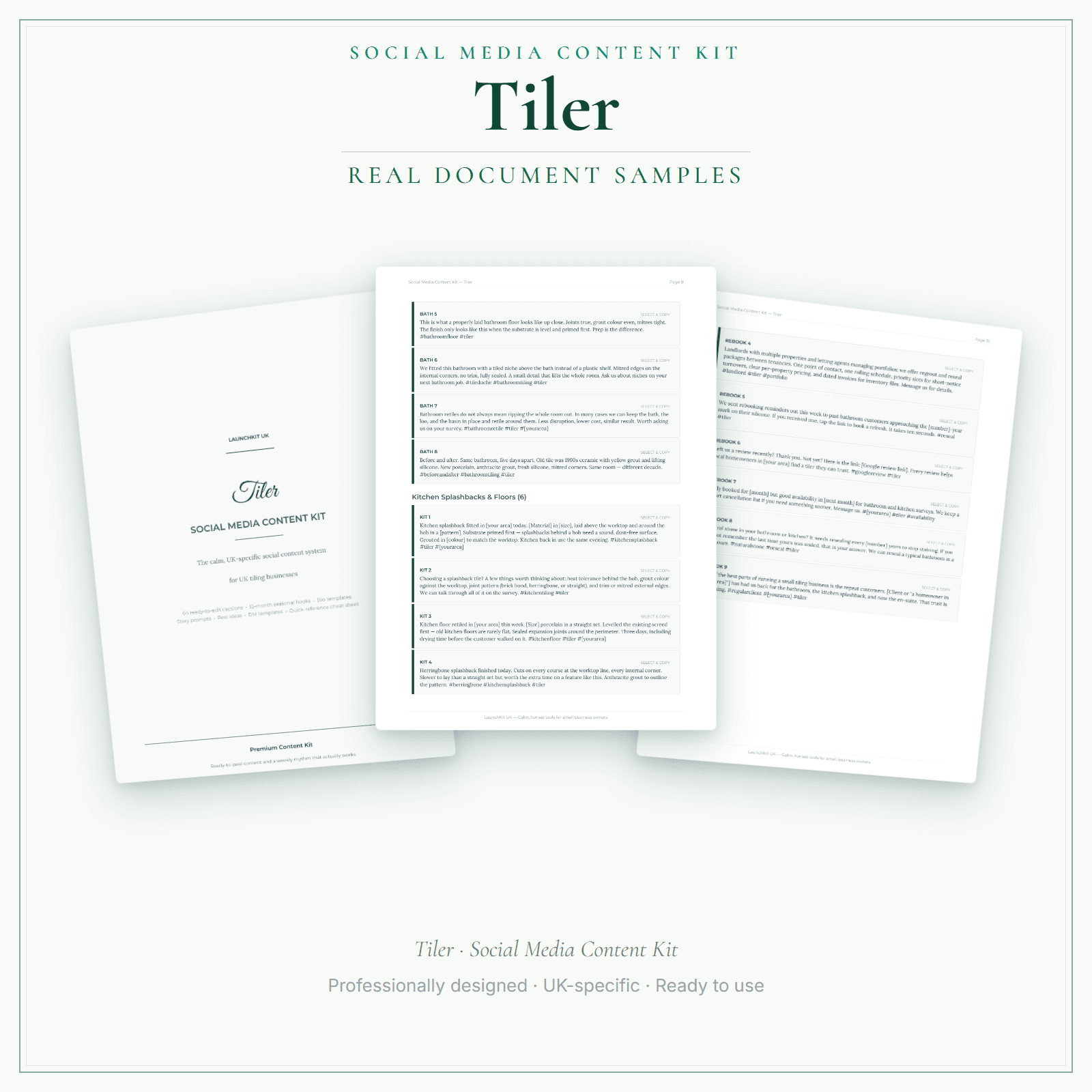 Tiler — Social Media Content Kit sample pages preview