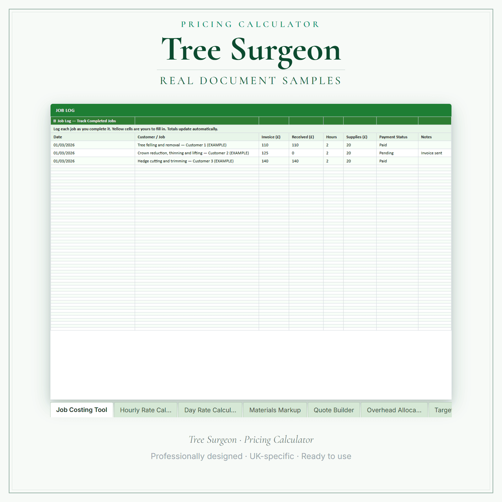 Tree Surgeon — Pricing Calculator — Premium sample pages preview