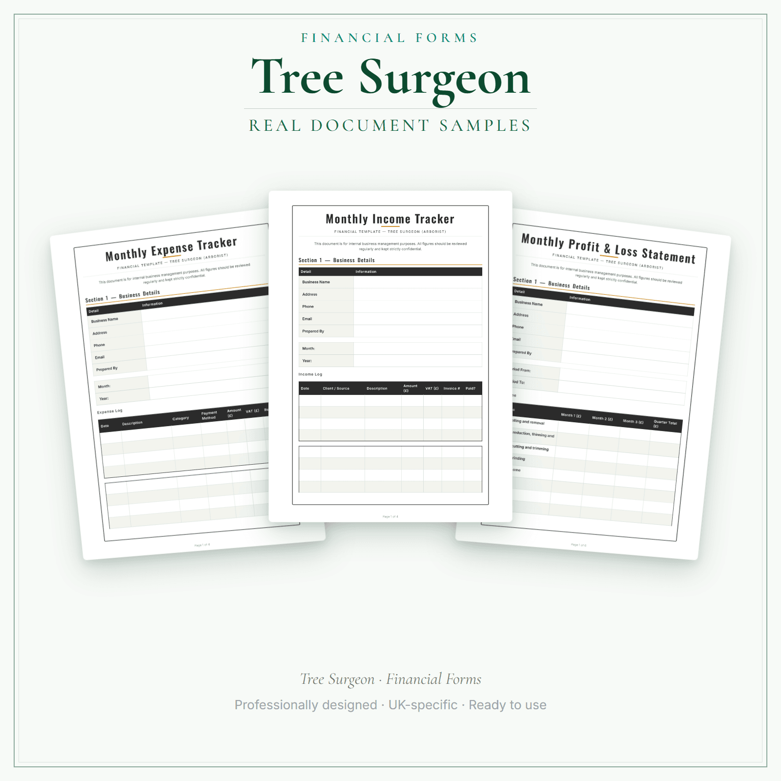 Tree Surgeon — Financial Forms Bundle — Premium sample pages preview