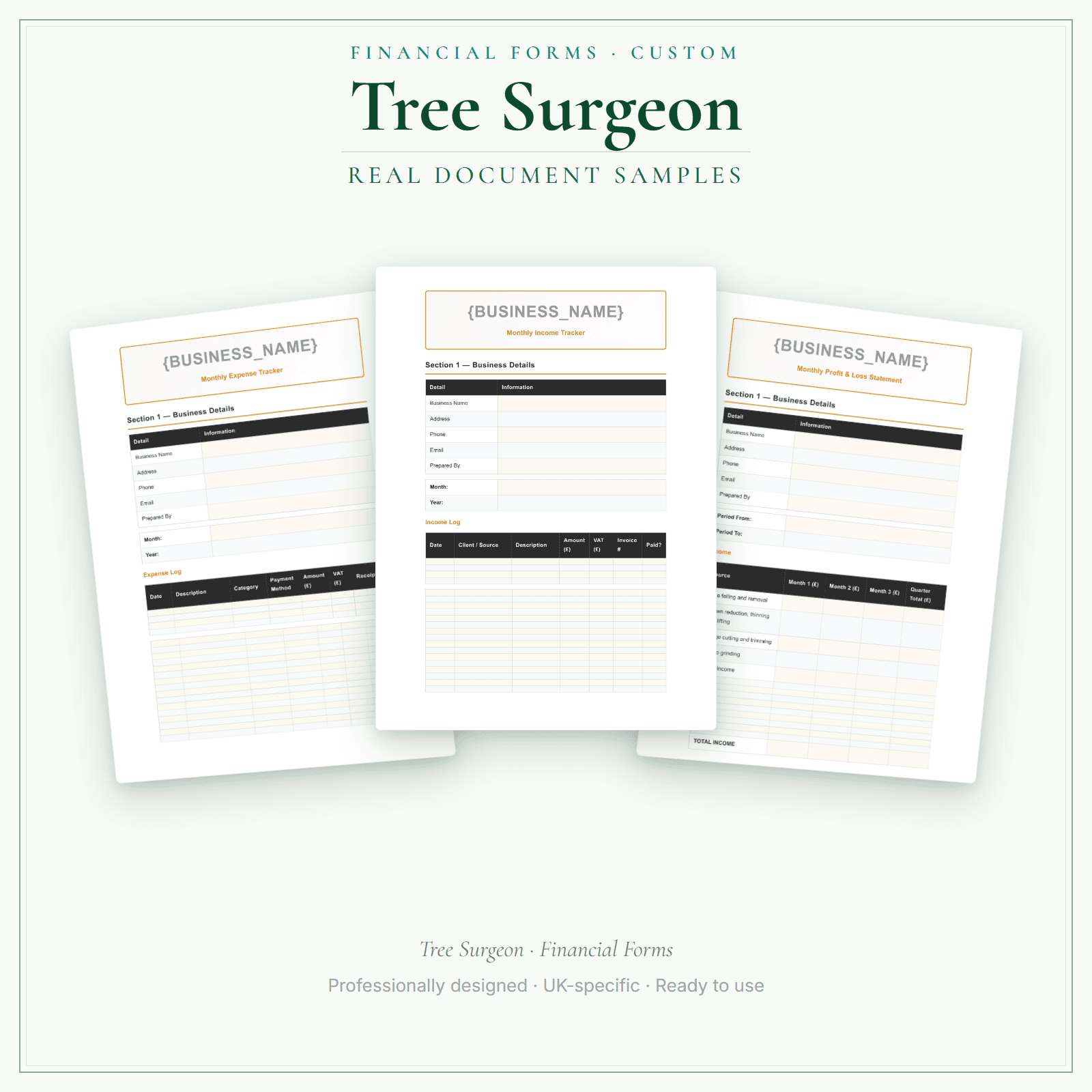 Tree Surgeon — Financial Forms Bundle — Customisable sample pages preview