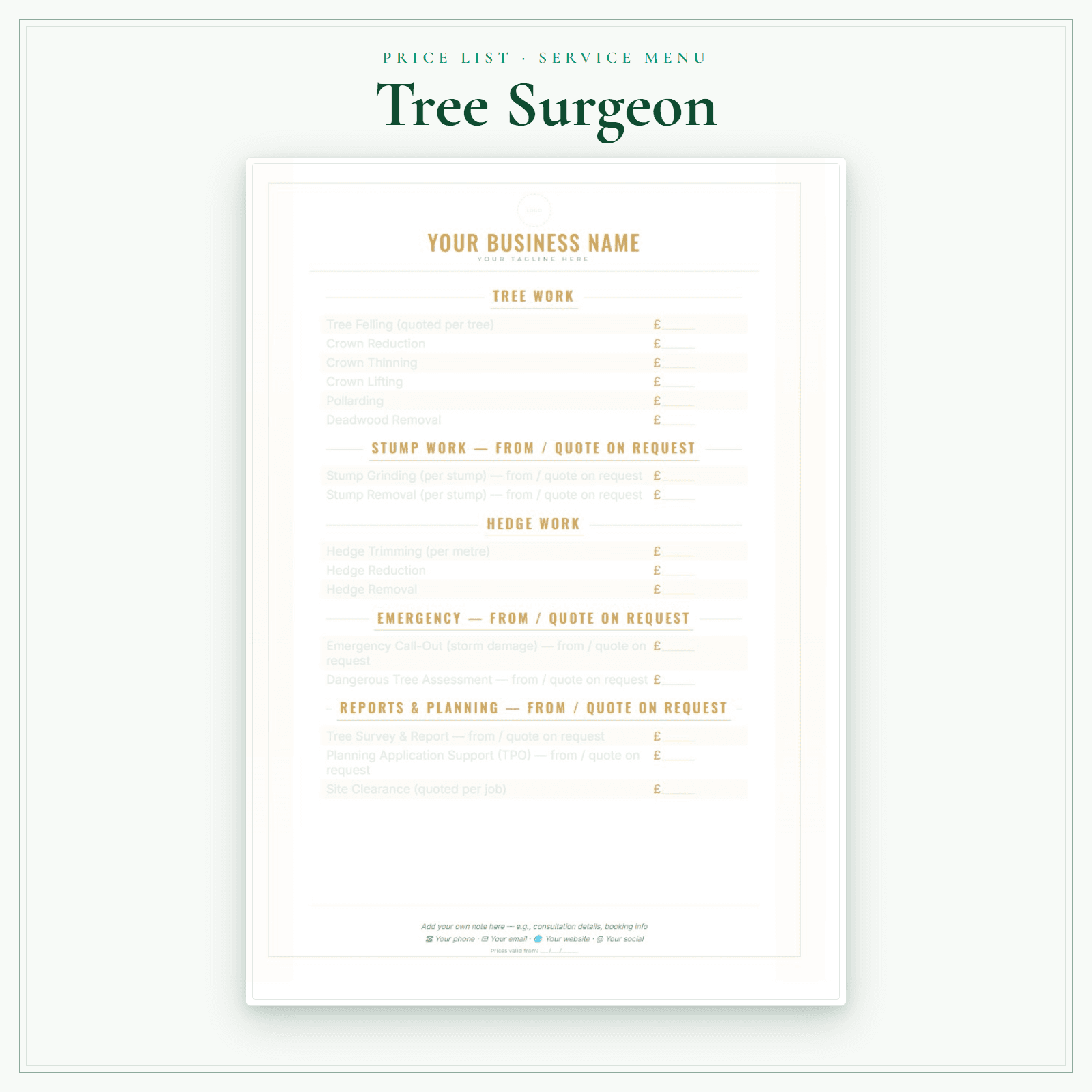Tree Surgeon — Price List & Service Menu sample pages preview