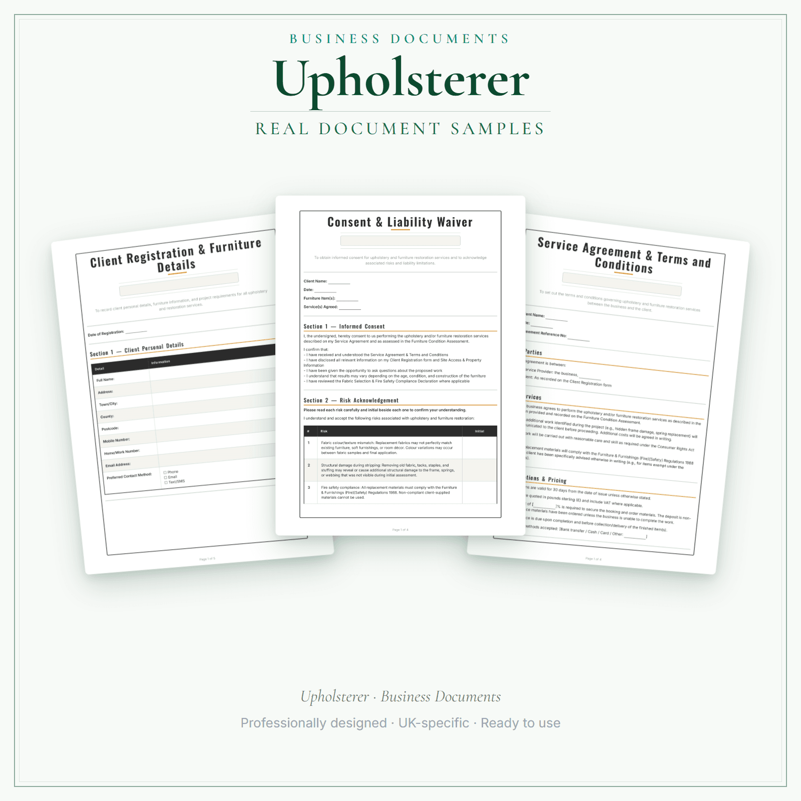 Upholsterer — Business Documents — Premium sample pages preview