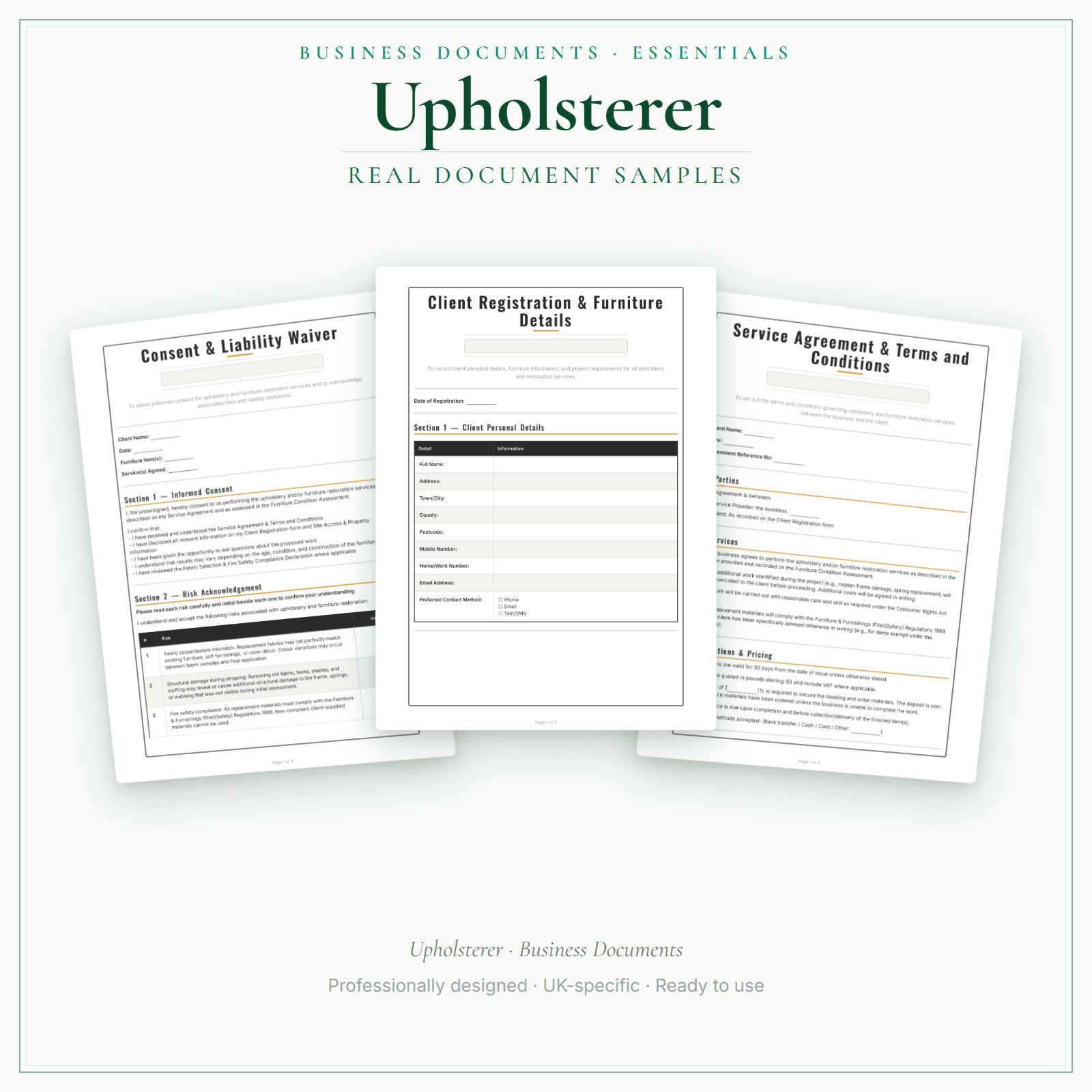 Upholsterer — Business Documents — Essential sample pages preview