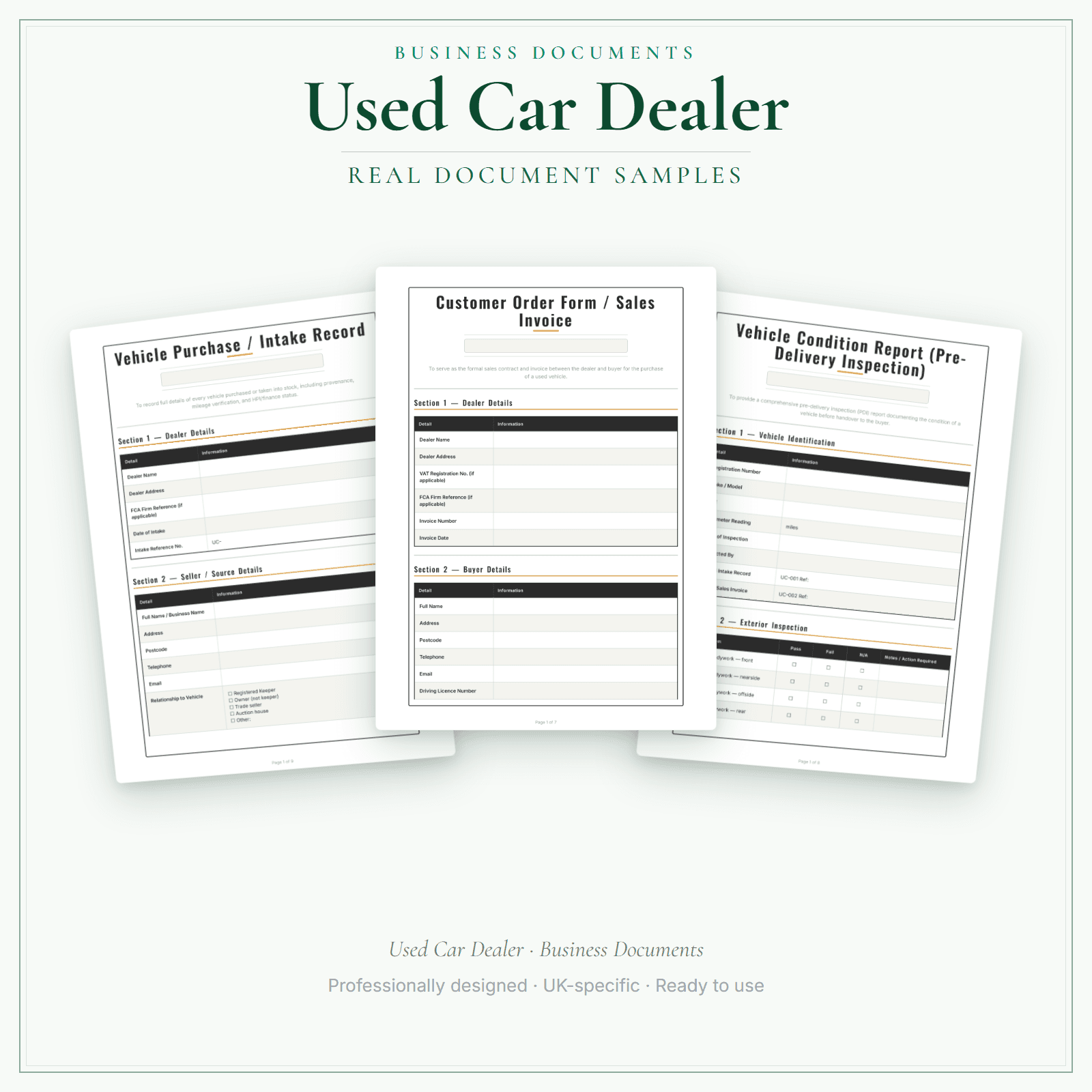 Used Car Dealer — Business Documents — Premium sample pages preview