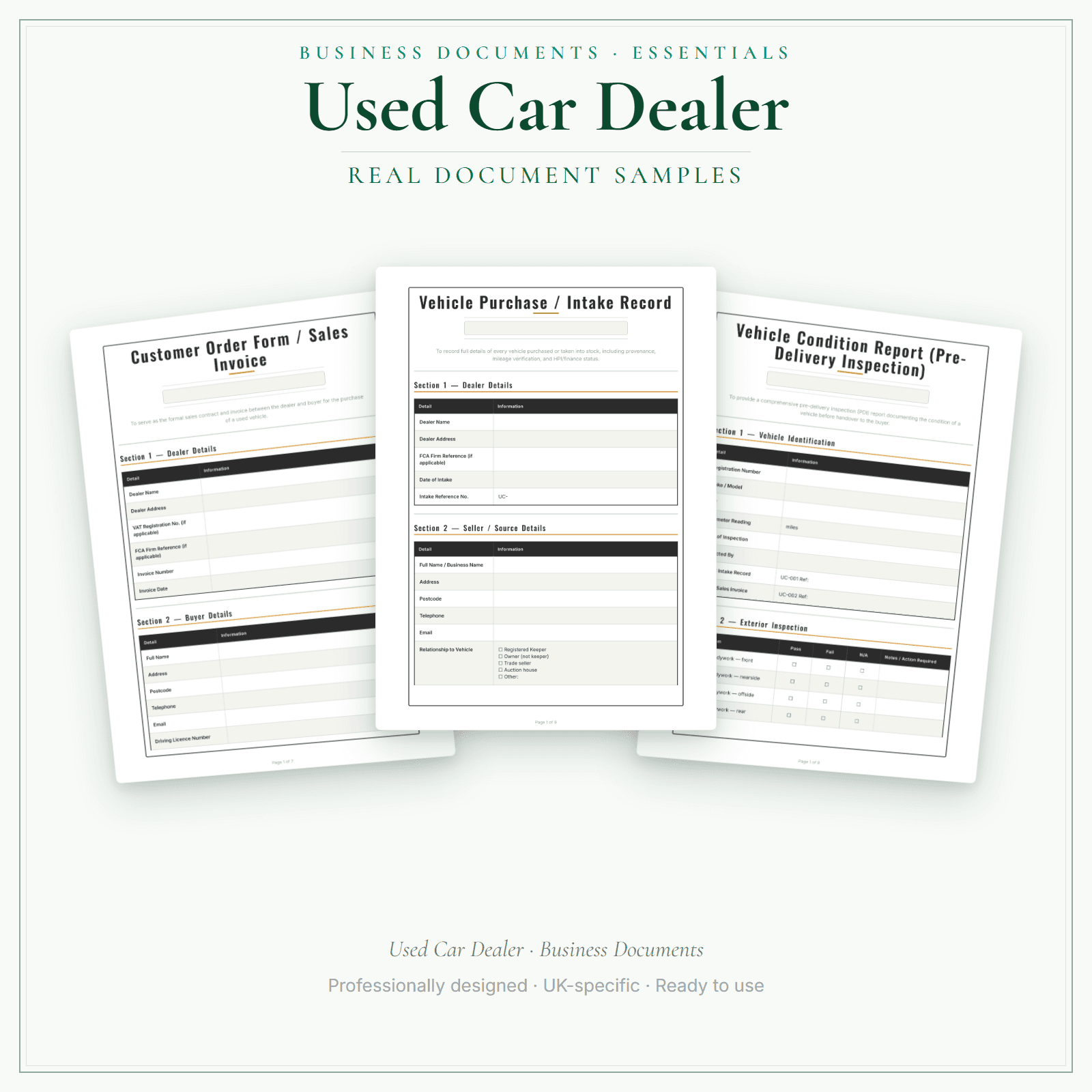Used Car Dealer — Business Documents — Essential sample pages preview