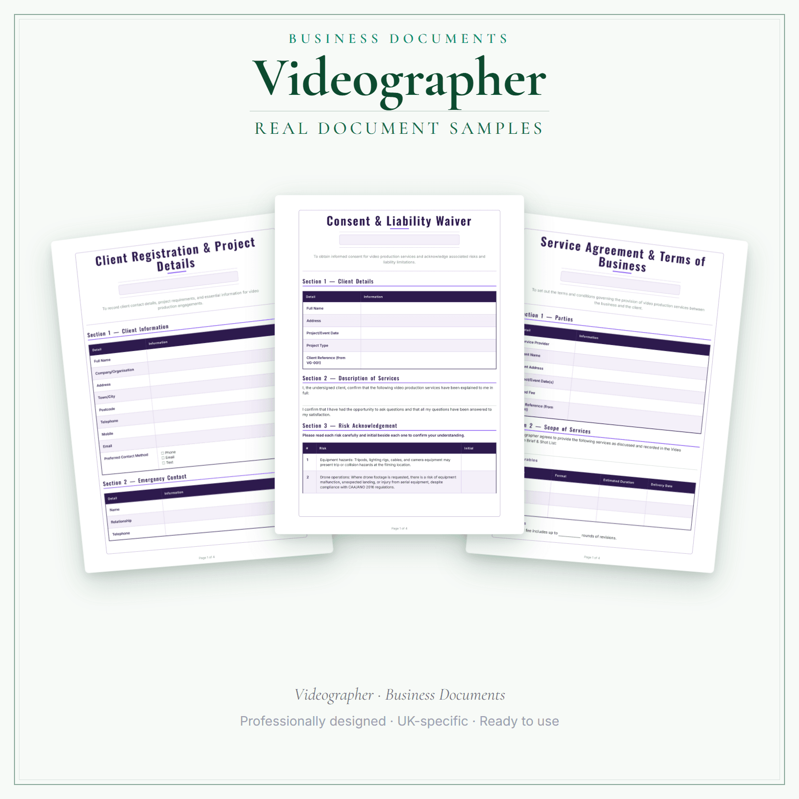 Videographer — Business Documents — Premium sample pages preview