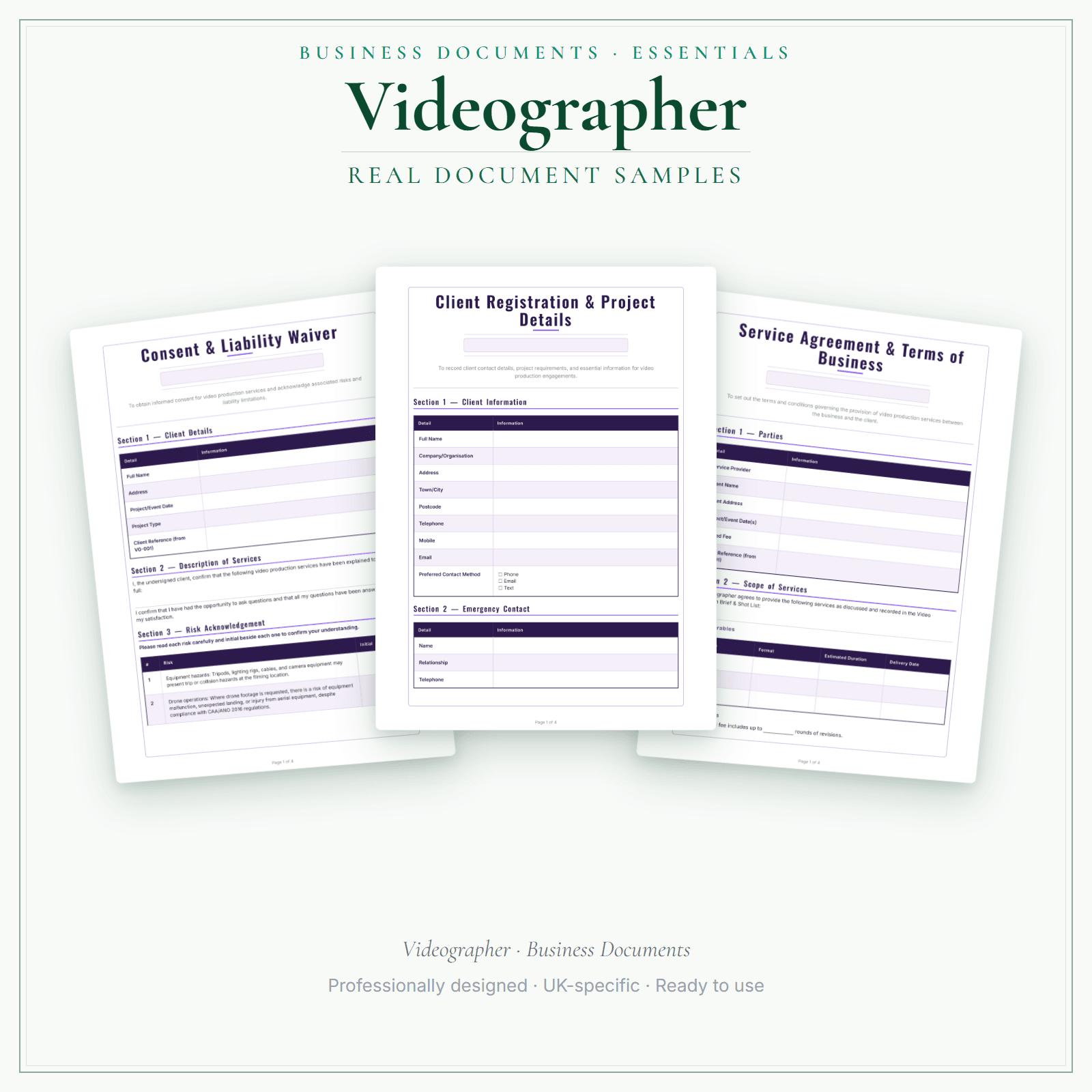 Videographer — Business Documents — Essential sample pages preview