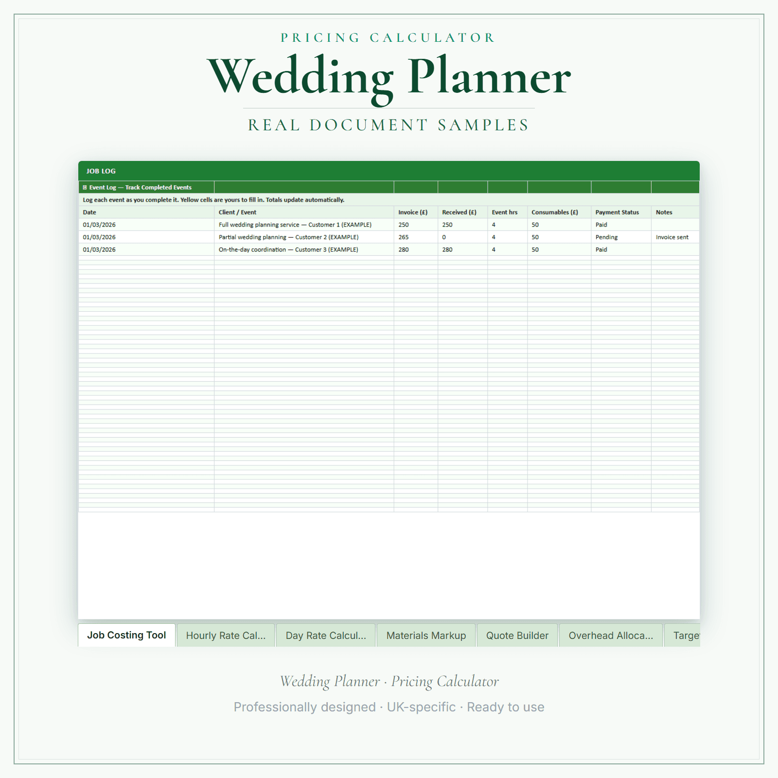 Wedding Planner — Pricing Calculator — Premium sample pages preview